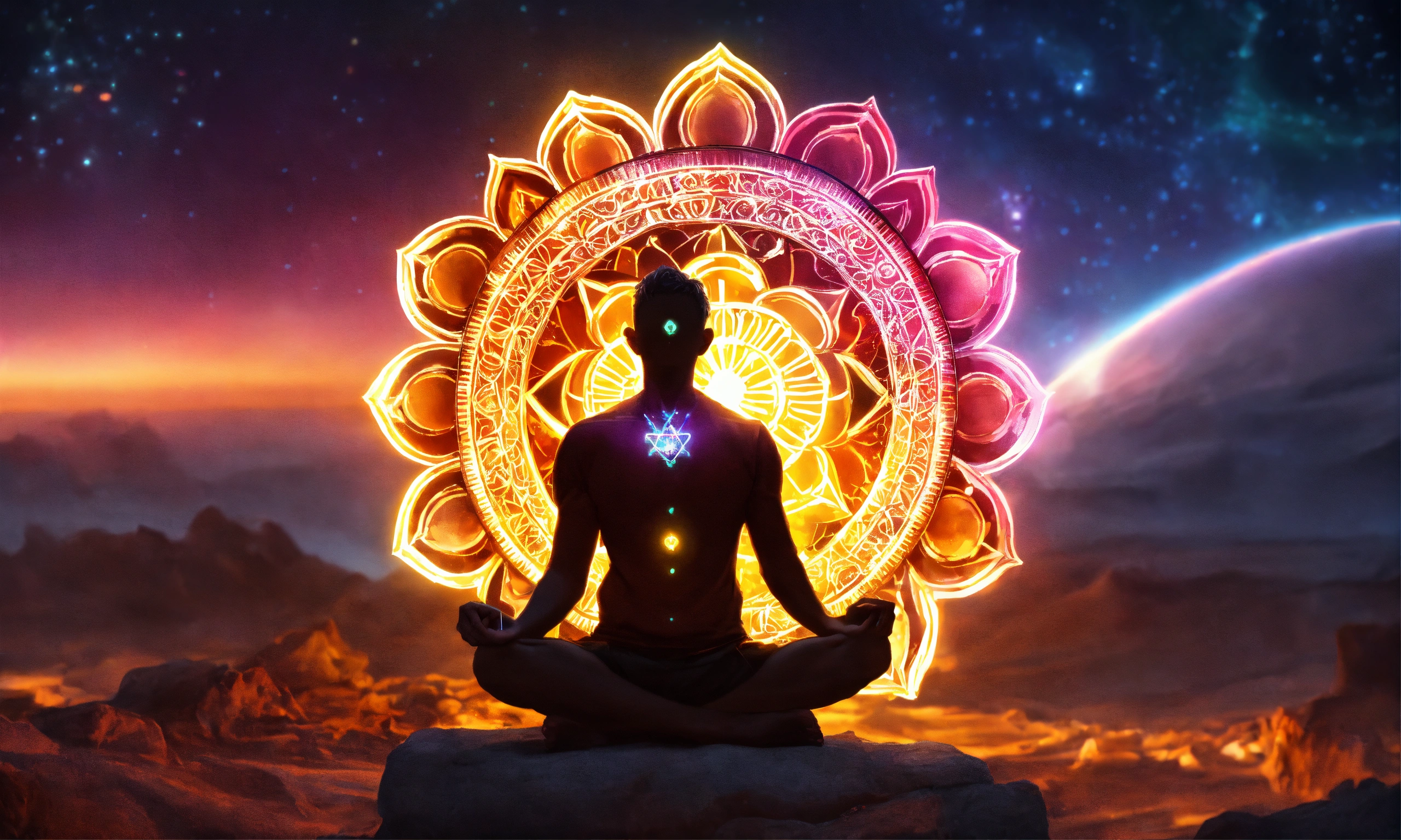 Lexica - Man sitting, chakras lit up, 4k, high resolution, photo quality