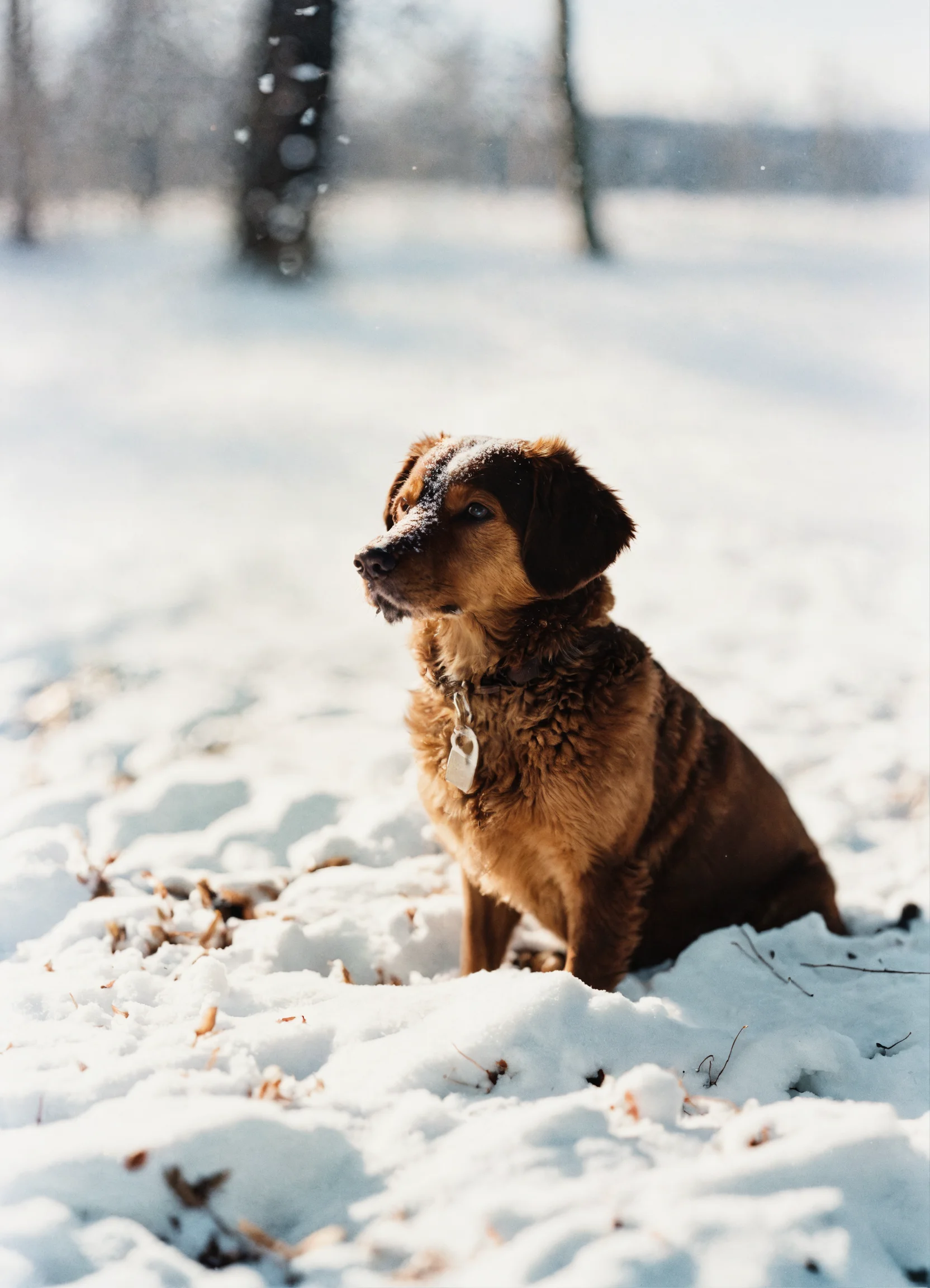 Lexica - Portra 400 photo of a cute brown dog sitting in the white snow ...