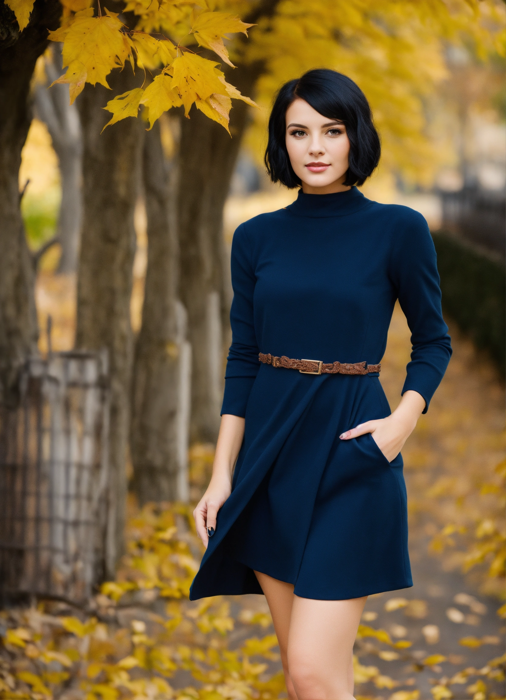 Lexica - Beautiful white woman with black bob, in fall, with beautiful navy blue  dress, elegant looking at camera