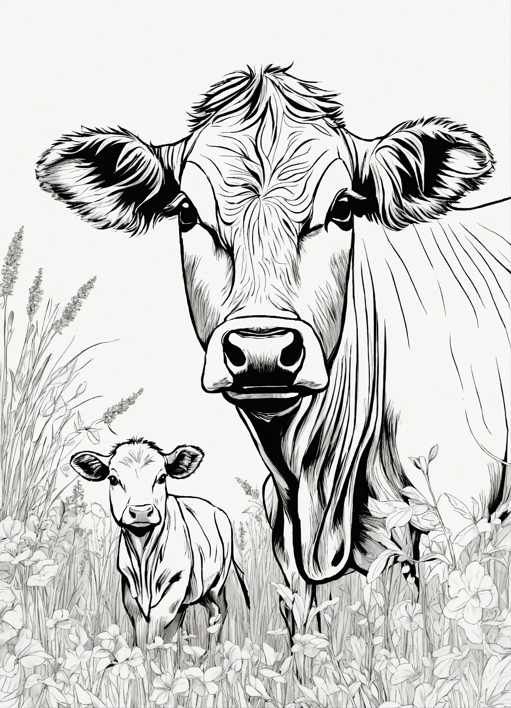 Lexica - A cow with a baby cow black and white drawing for a coloring ...