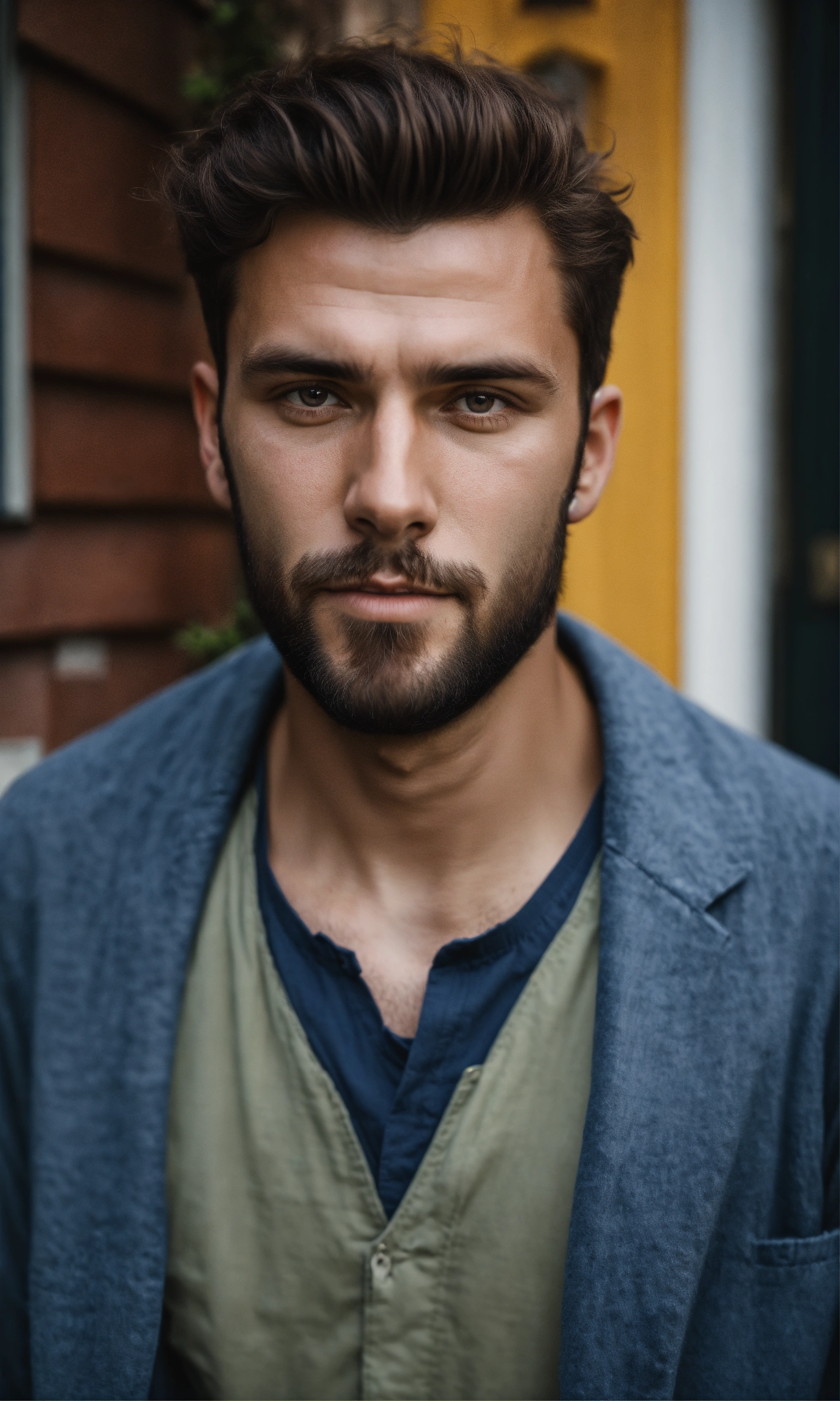 Lexica - Portrait of a european men infront of a house, looking at the ...