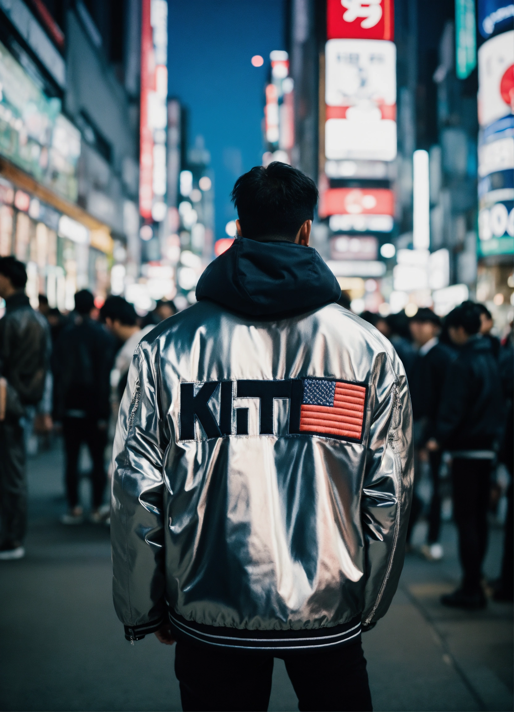 Lexica Silver KITH jacket American flag patch futurist shot in Tokyo at night shot on Leica fashion portrait by KITH lots of people in the b