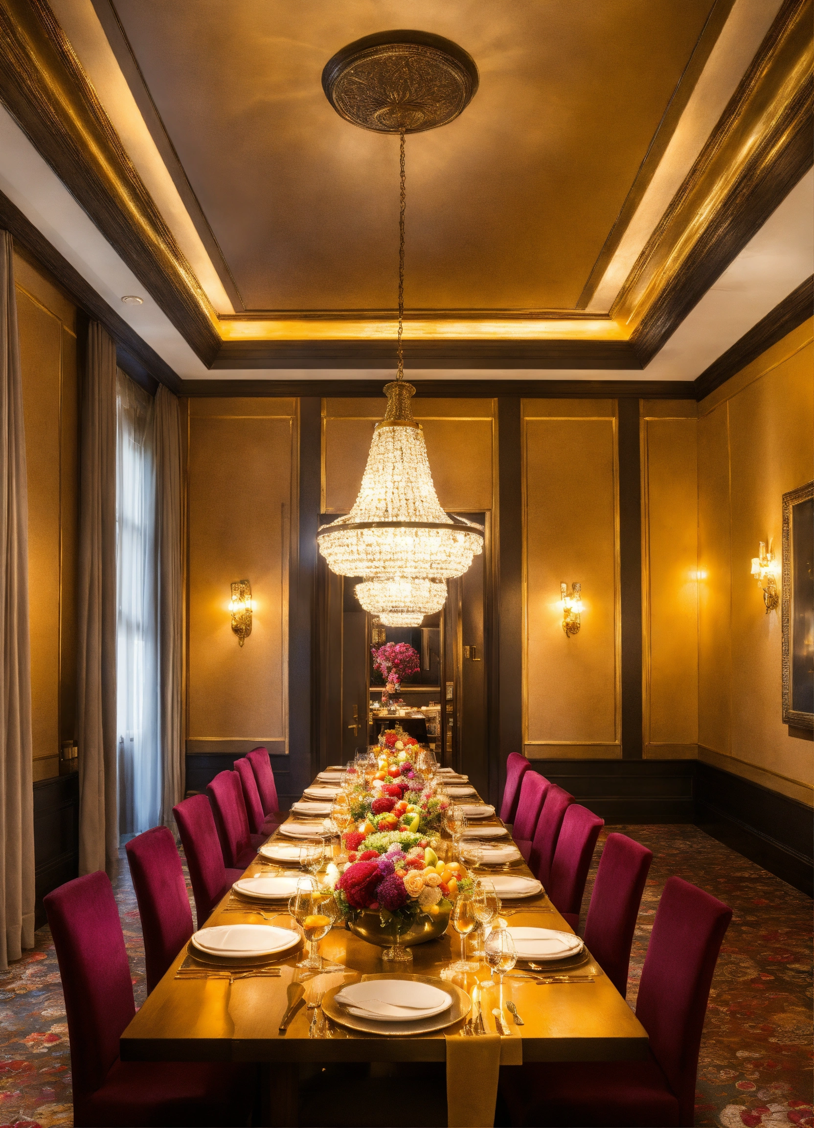 Lexica - Modern upscale hotel, private dining hall, long table, gold ...