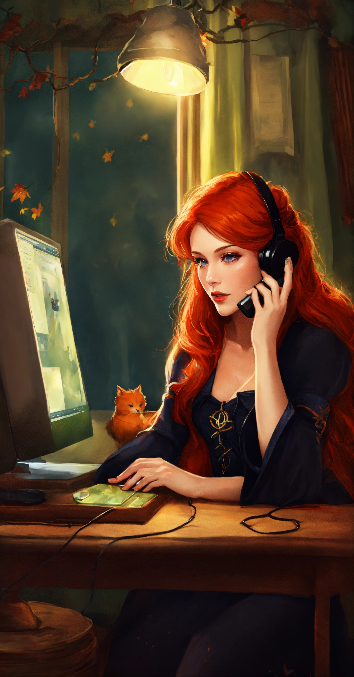 Lexica - Redhead witch on the phone on her computer realistic