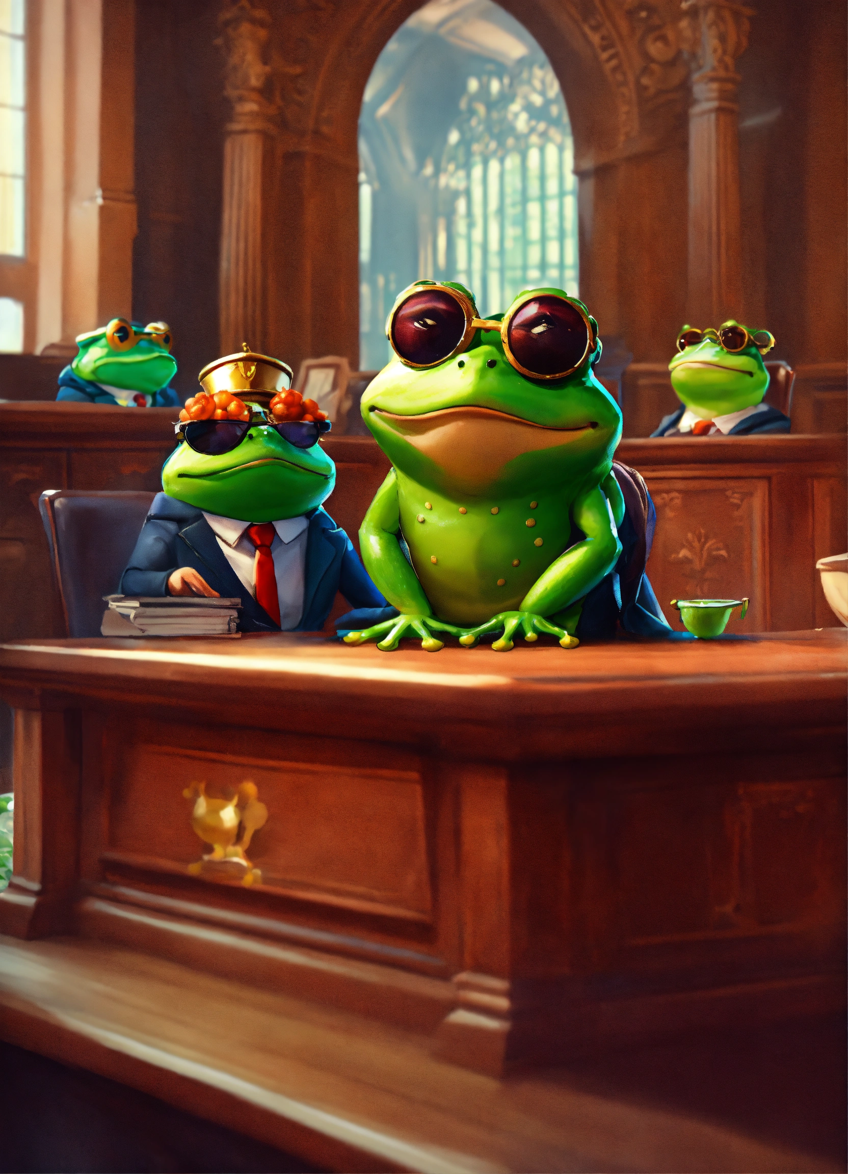 Lexica - Cute frog in suit and glasses in crown court defending warm in ...
