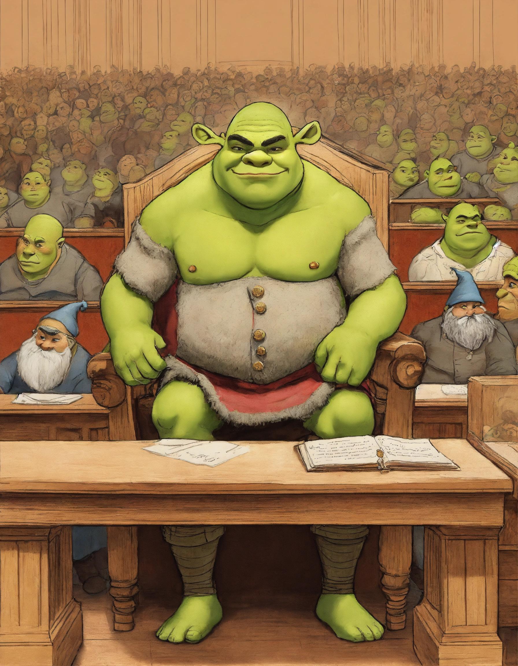 Lexica - A court drawing of Shrek on trial. A jury of gnomes look on at ...