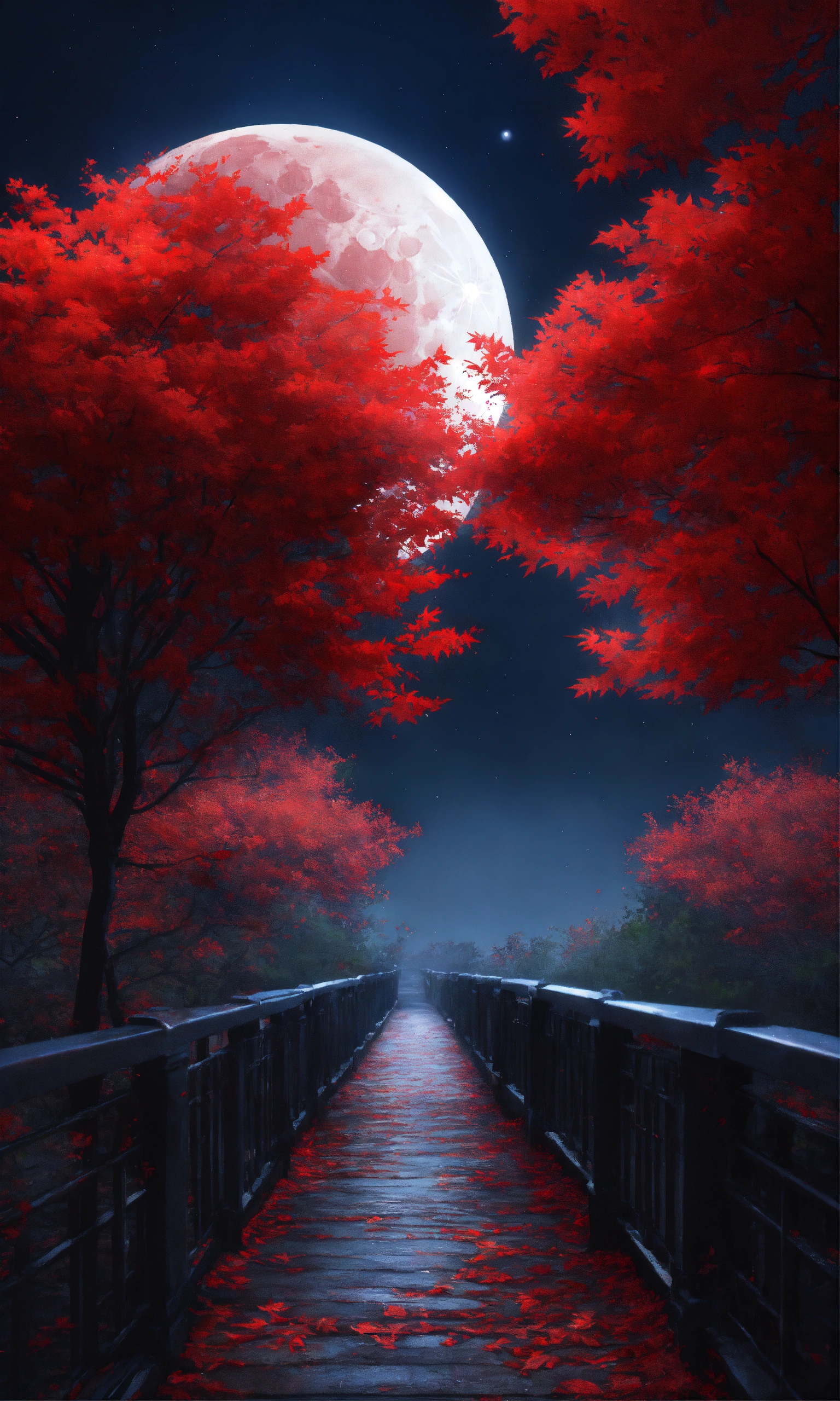 Lexica - Normal size moon, red leaves, hyperrealistic, night, walkway