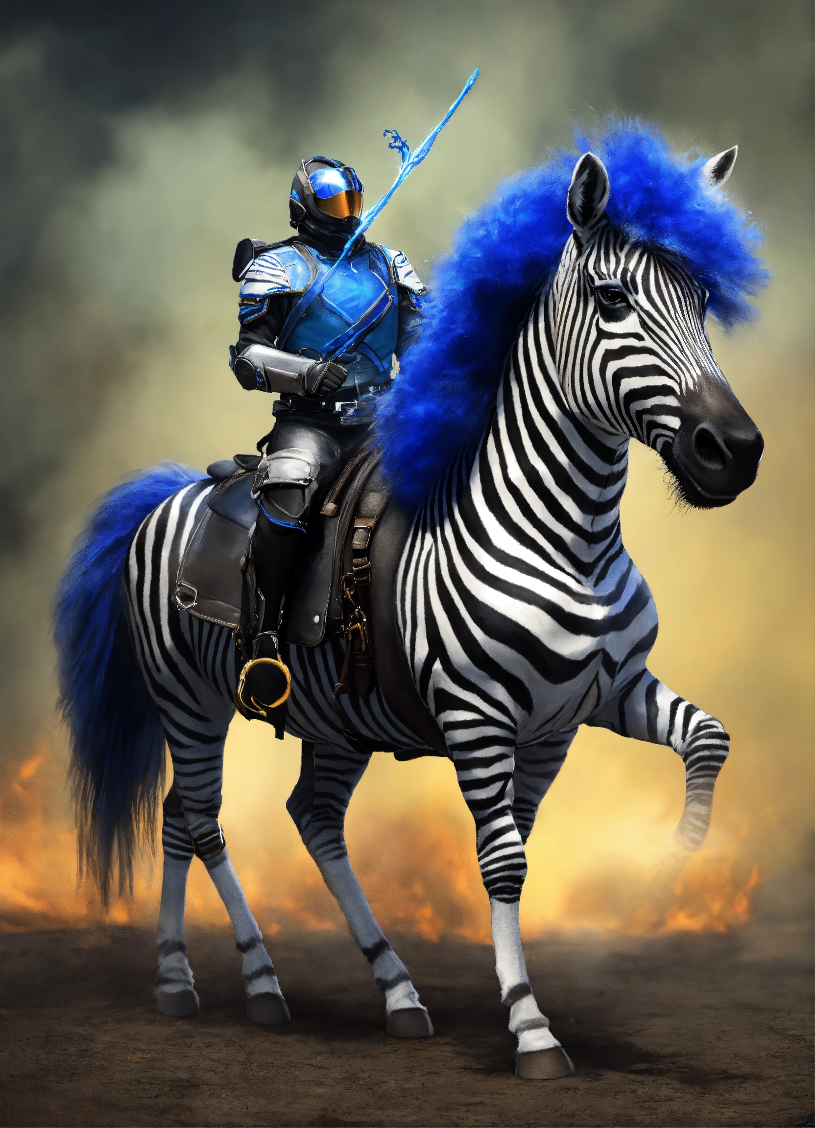 Lexica - Zebra with riding gear, with a mane and tail of blue flame