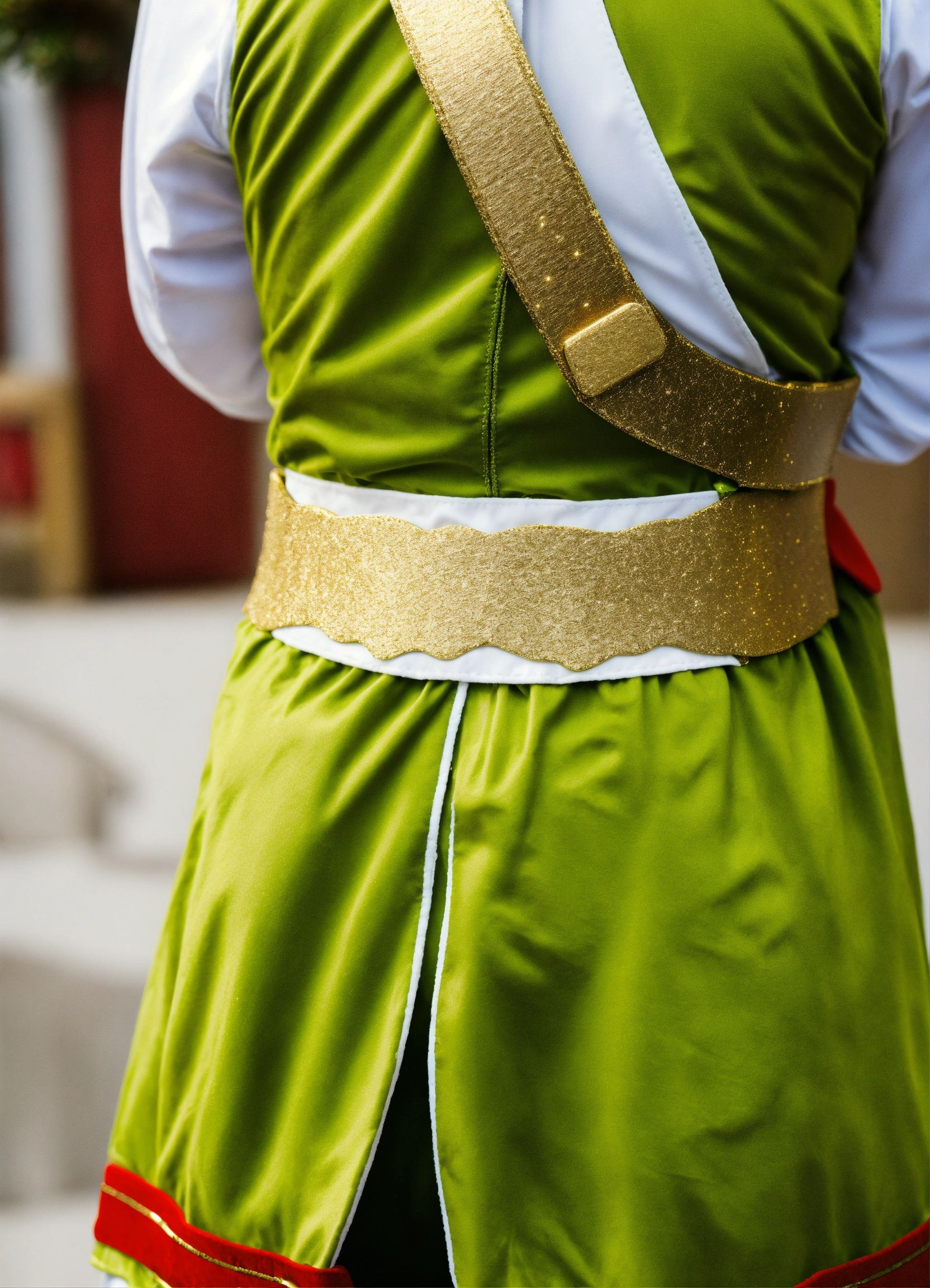 Lexica - Christmas elf costume, gold belt, green and white, close up, back