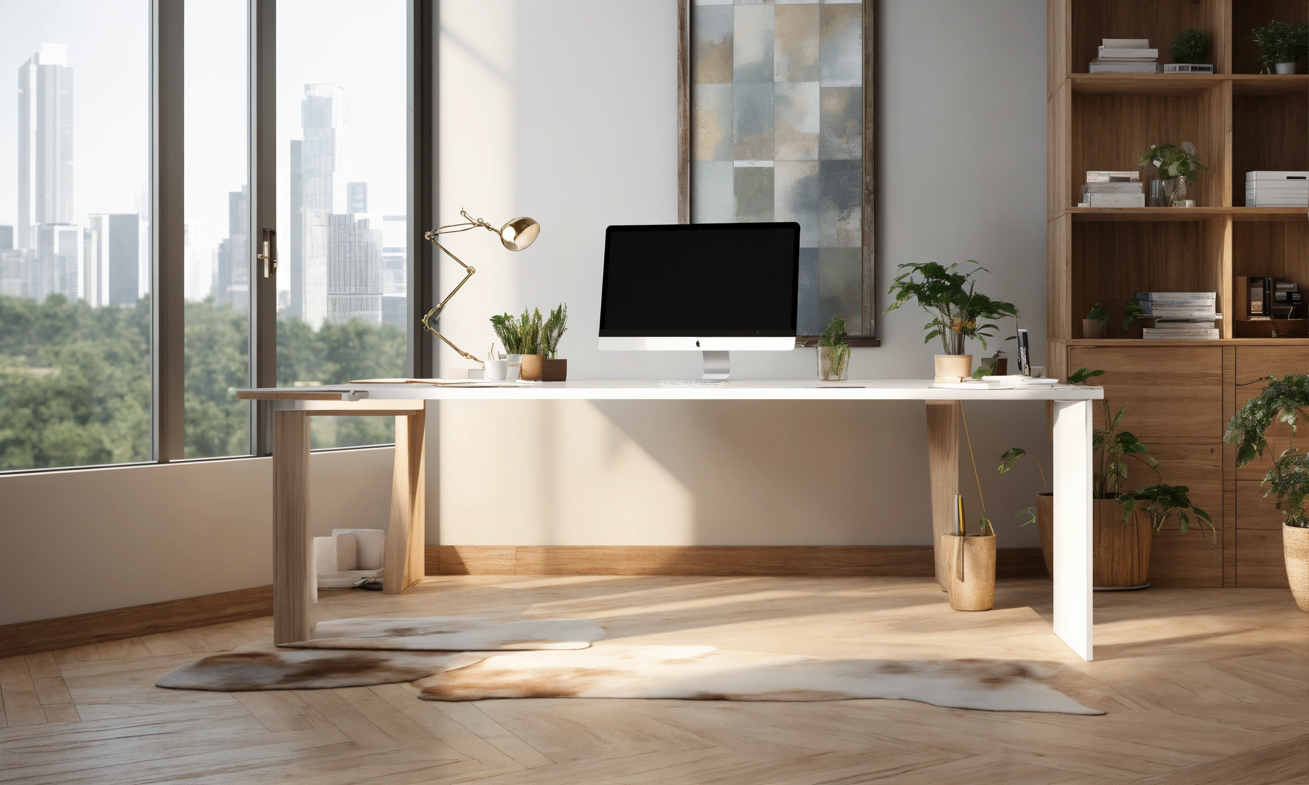 Lexica White wood office desk, official, computer, close up, modern