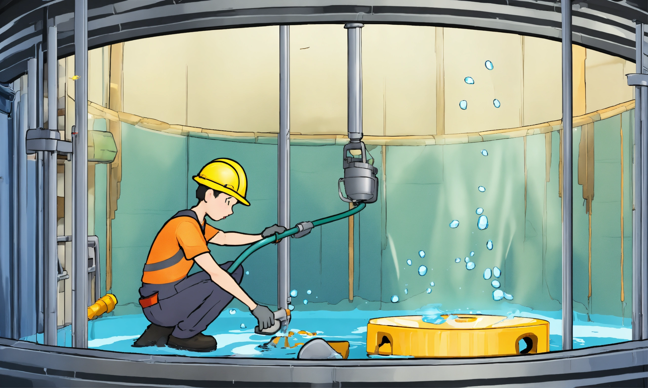 Lexica Construction worker cleaning water tank cartoon, inside the