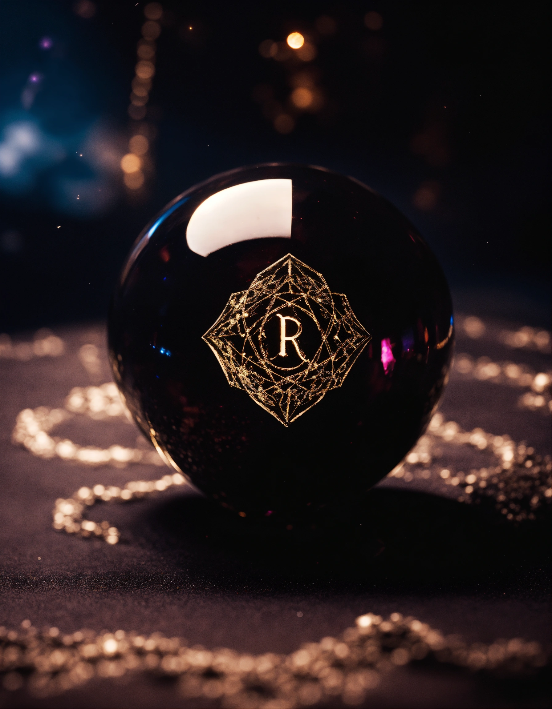 Lexica - Obsidian ball in dark space with a rune