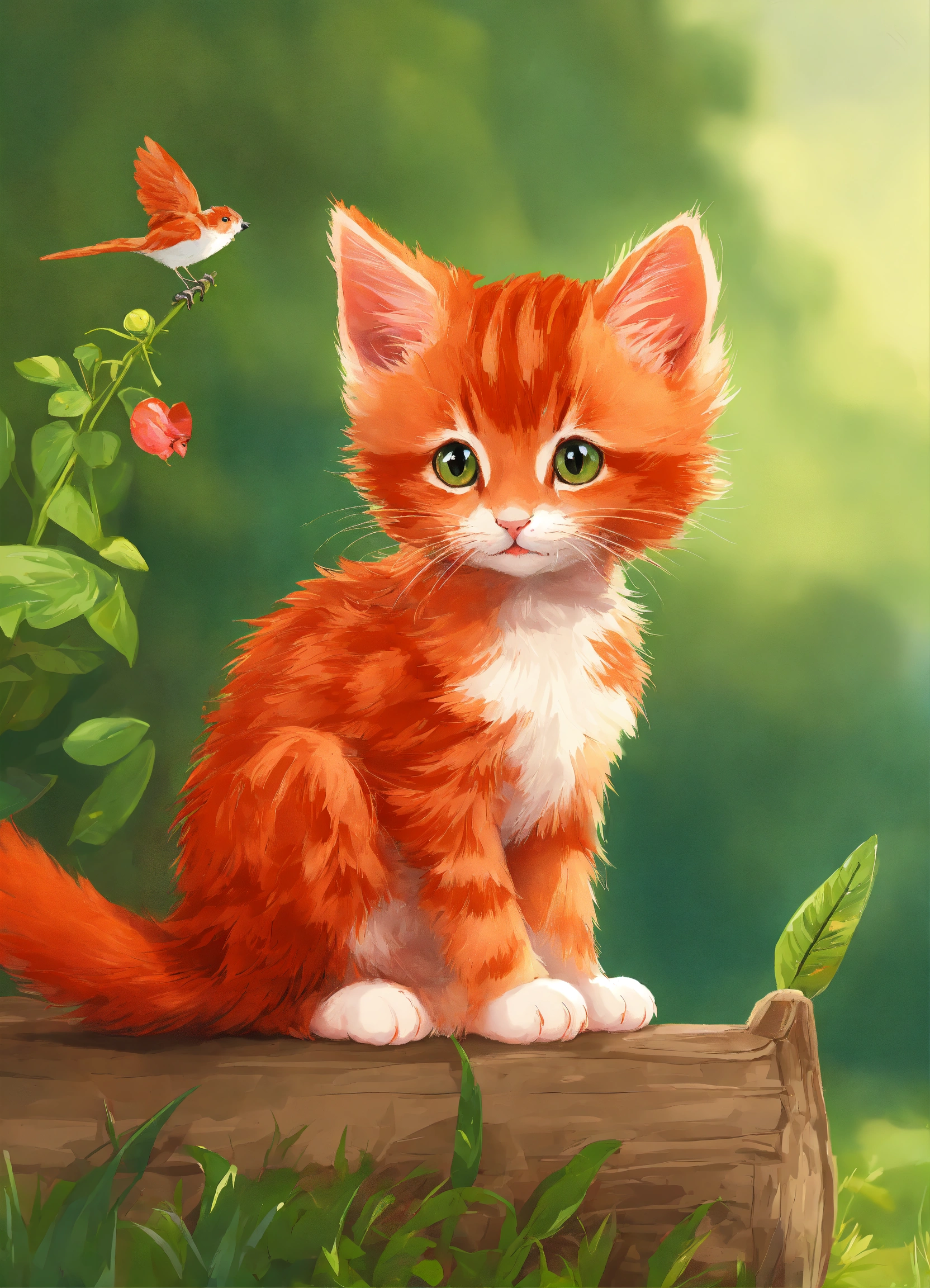 Lexica - One little red kitten is looking at the bird . cartoon