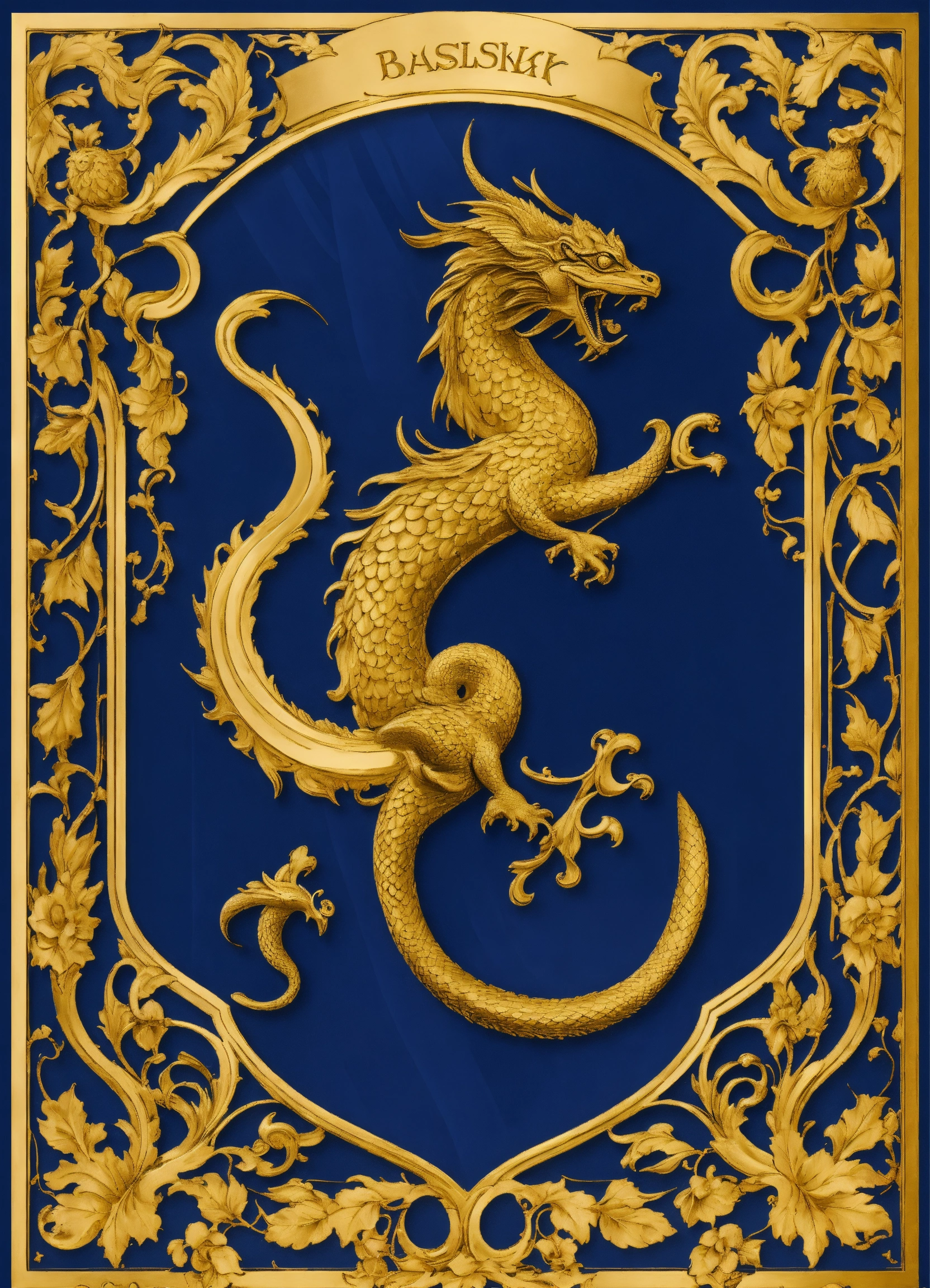 Lexica - Basilisk coat of arms, art nouveau, roccoco, navy blue and gold