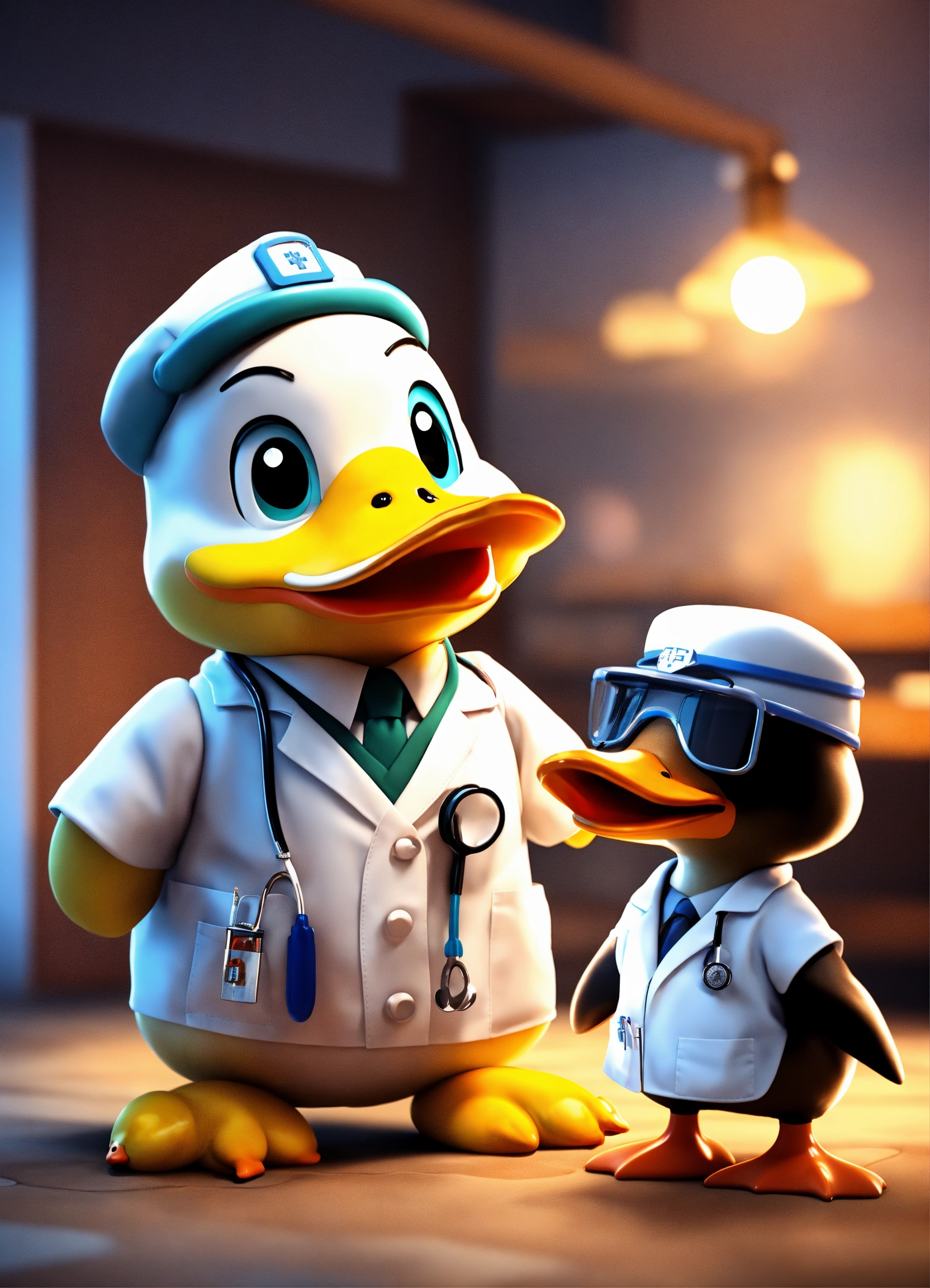 Lexica - A cute duck wearing a doctor uniform, helping a patient that ...