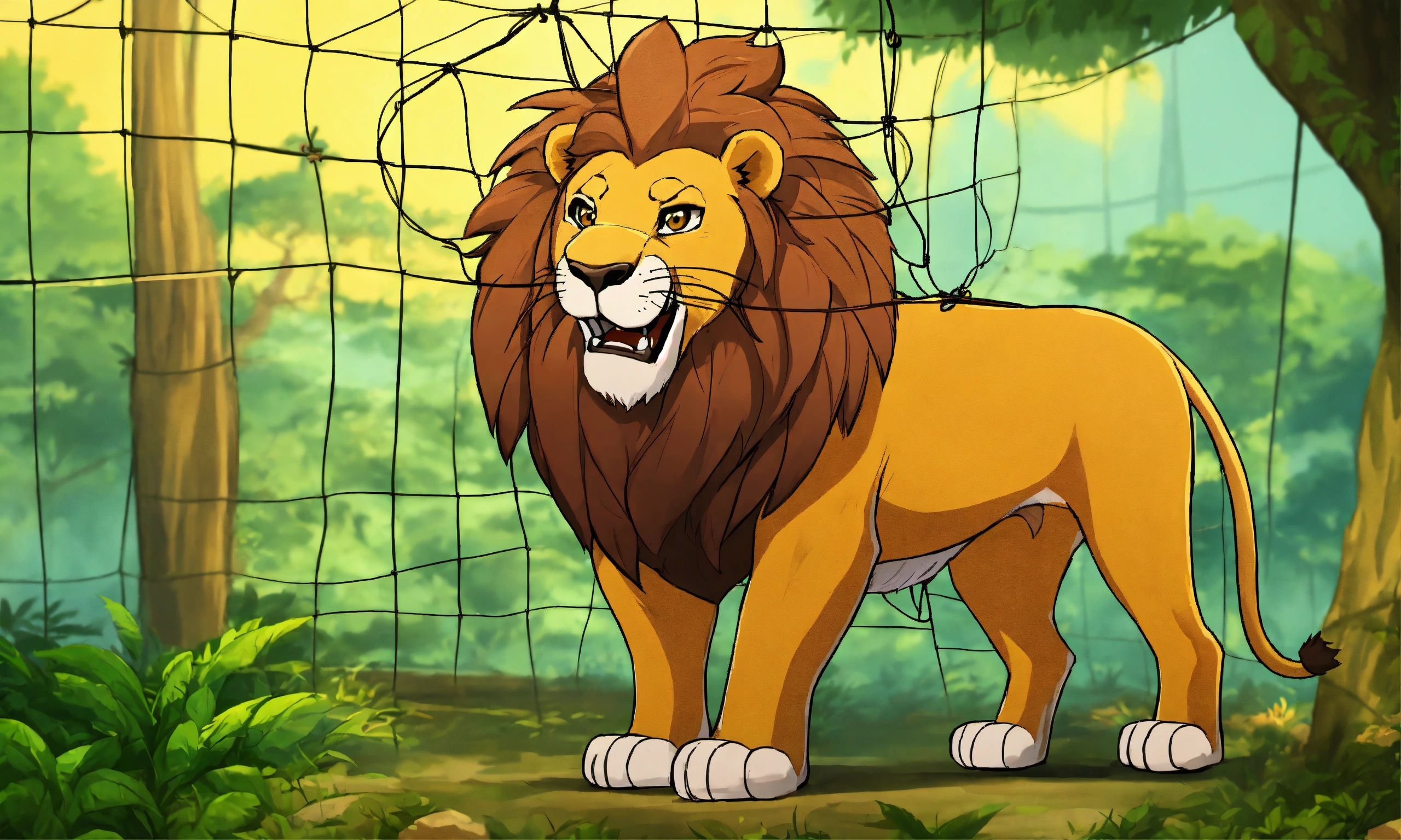 Lexica - Cartoon big lion was captured and trapped in a net and hang to ...