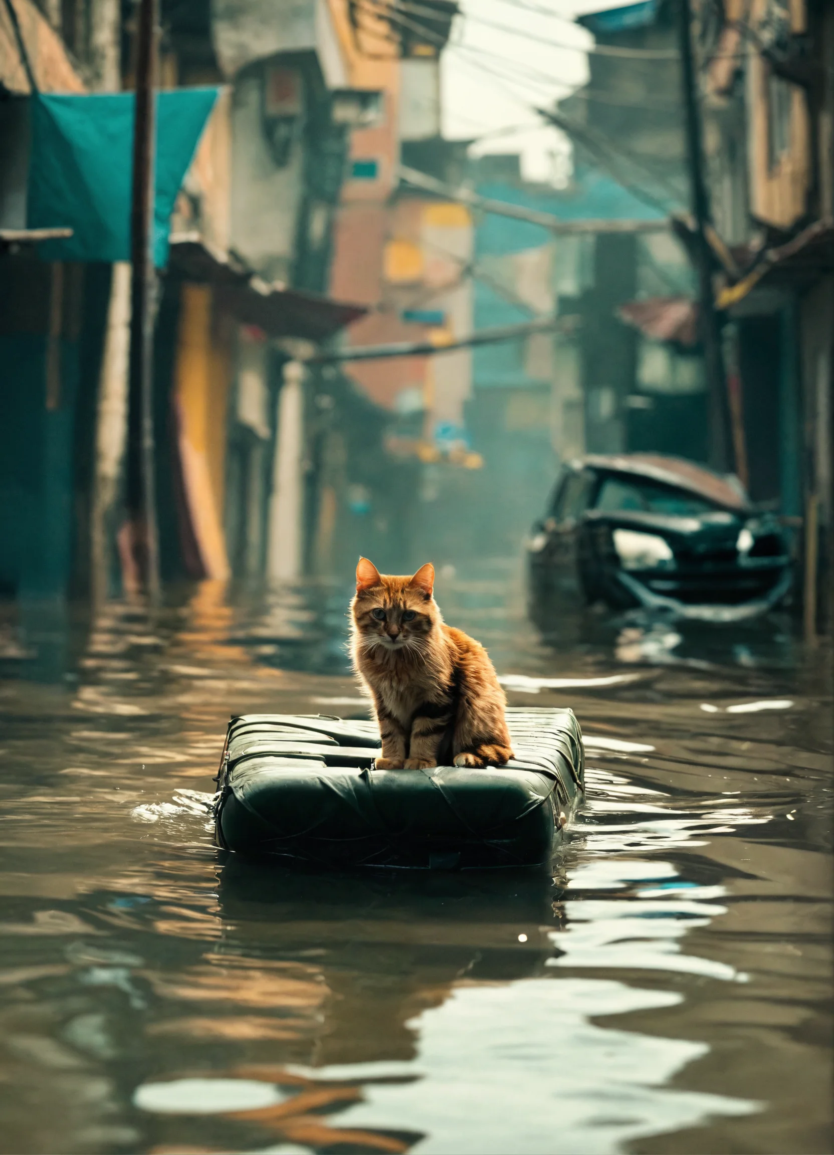 Lexica - A cat floats on a raft along the street of a flooded city.