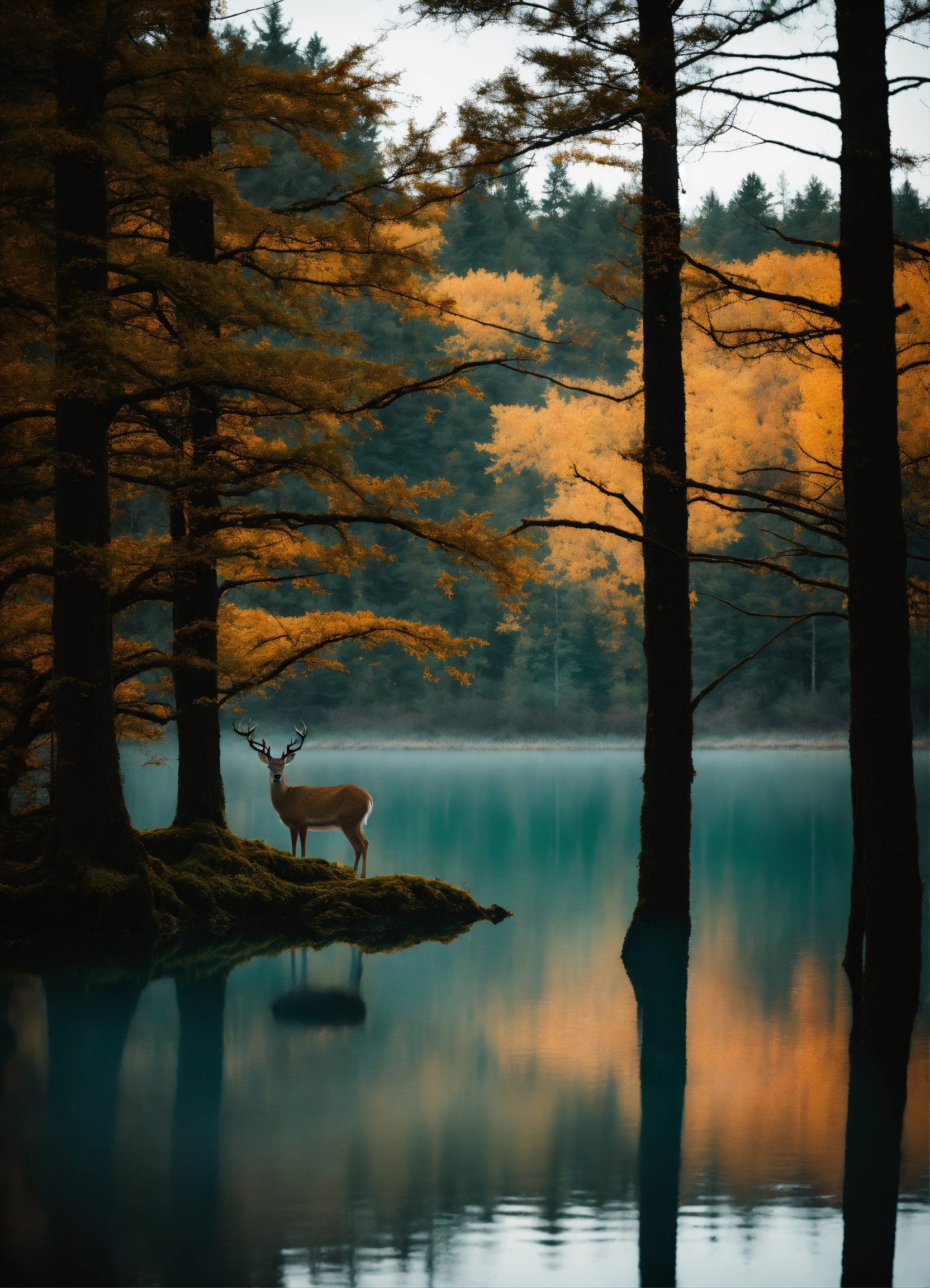 Lakeside Wallpaper 4K, Sunset, Deer, Minimal art