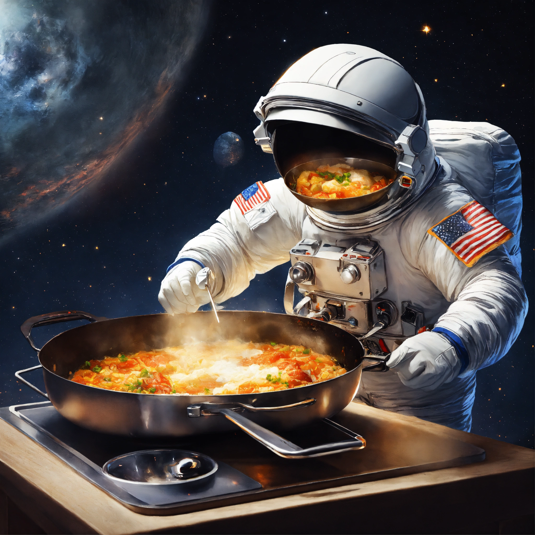 Lexica - Astronaut, cooking in a pan, realistic