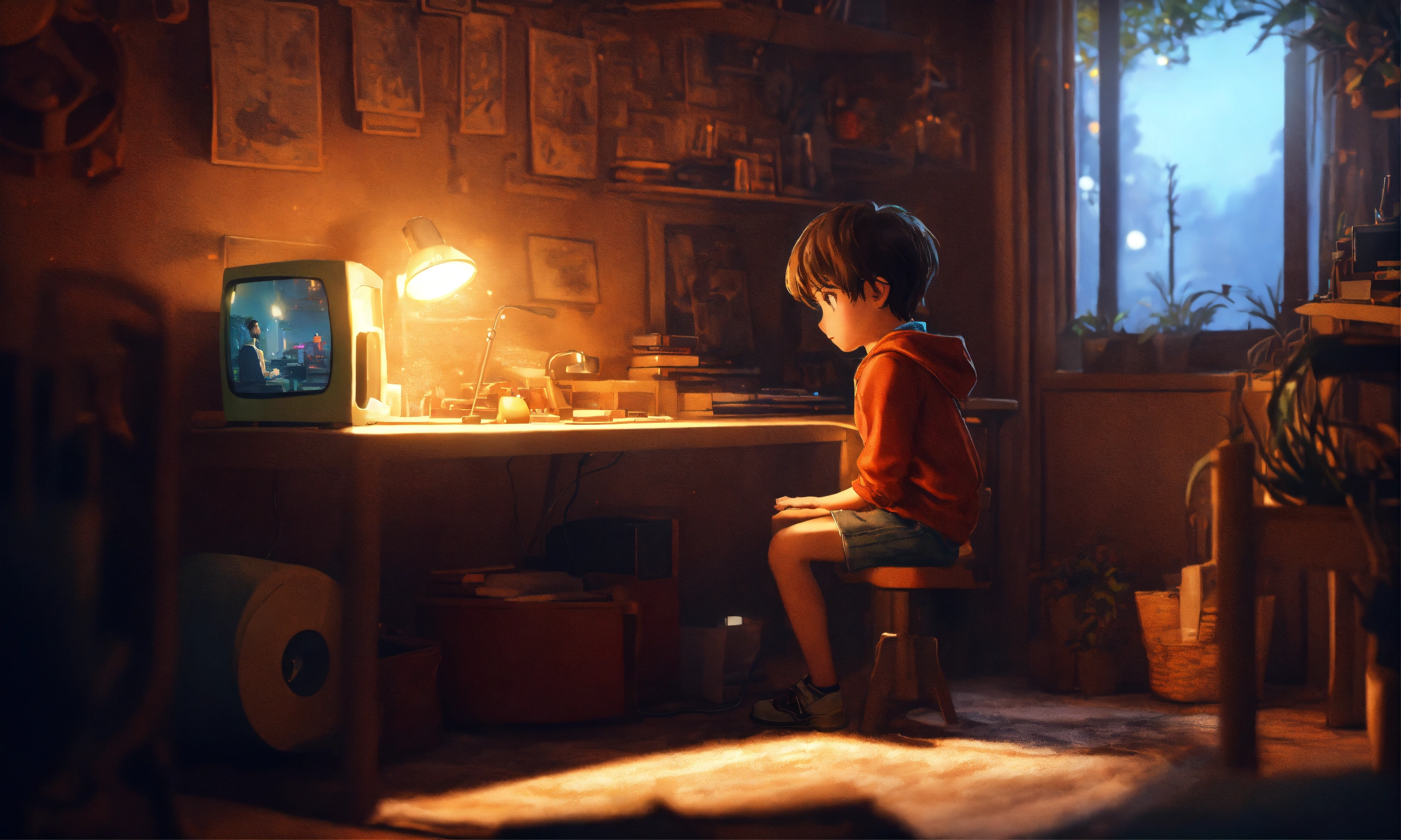Lexica - A boy sitting in his cozy room, looking at a computer, dreamy ...