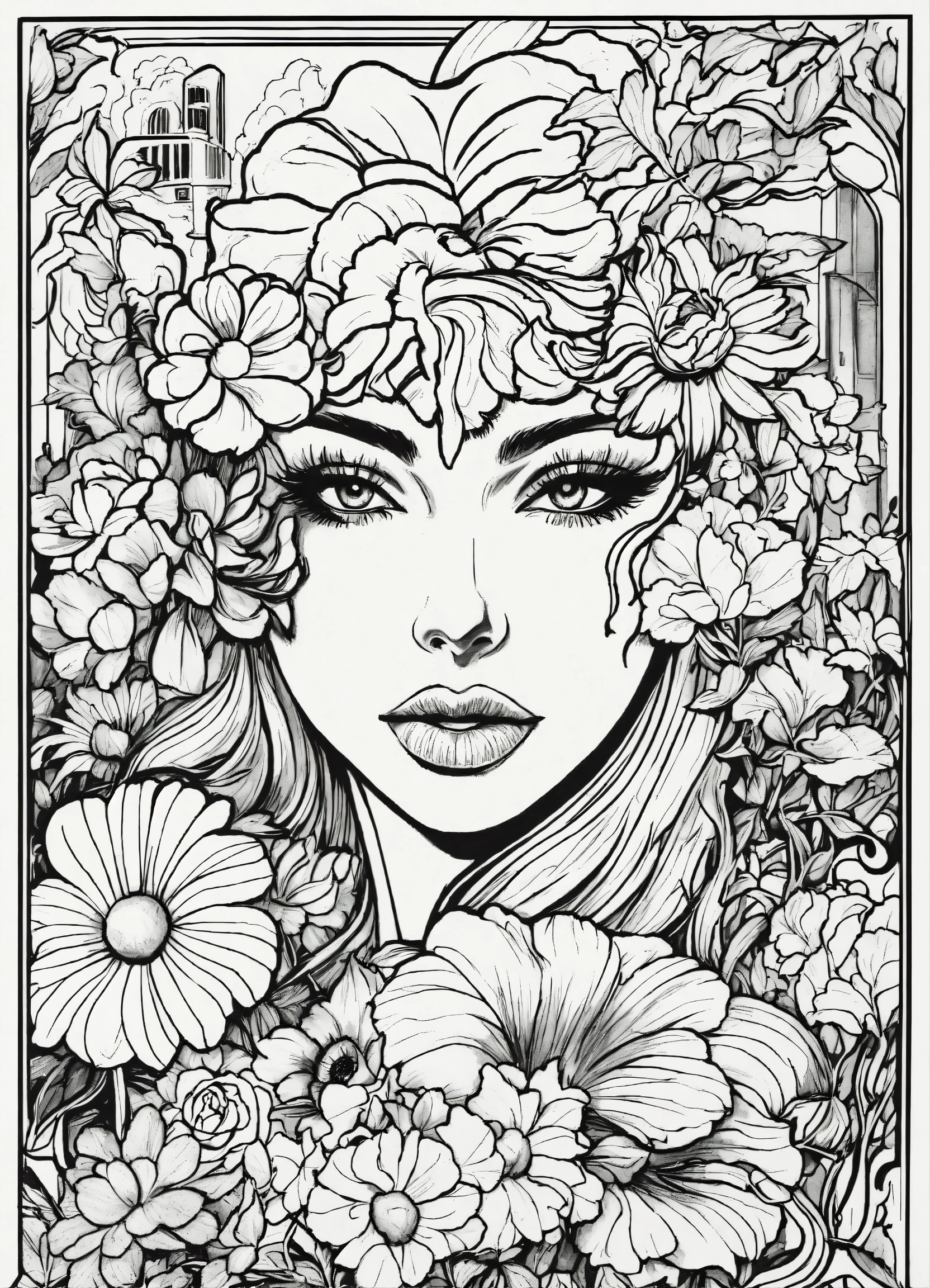 Lexica - Faces and flowers, by Ed Roth, black and white coloring book ...