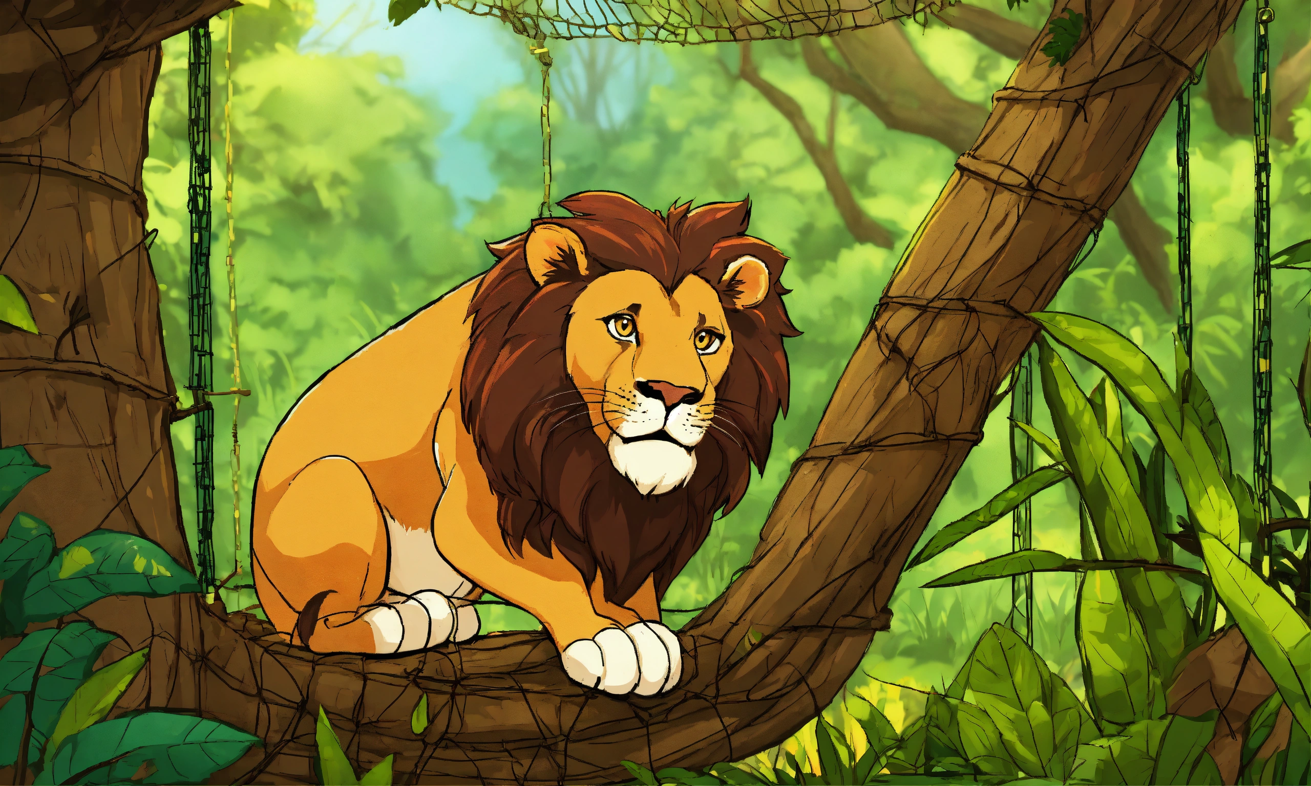 Lexica - Cartoon in a jungle big lion was captured and trapped in a net ...