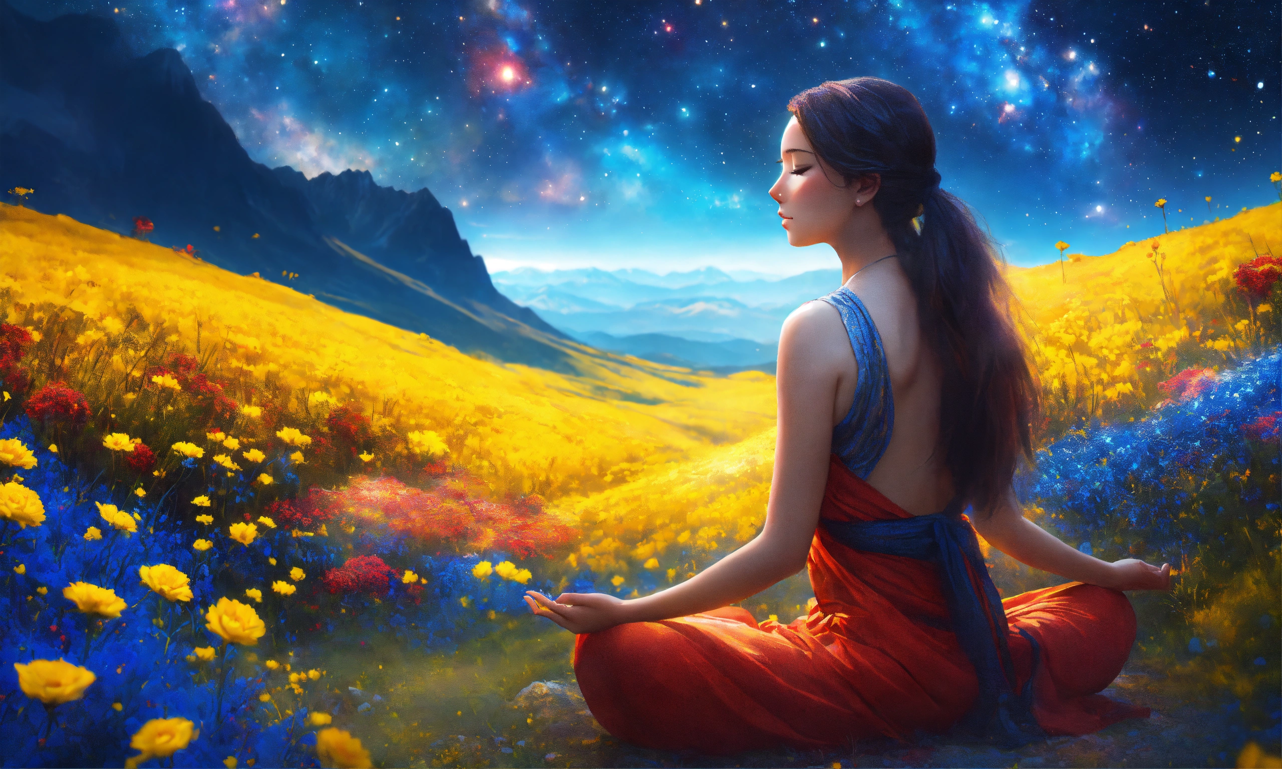 Lexica - Beautiful woman in Meditation posture, mountain, a vast field ...