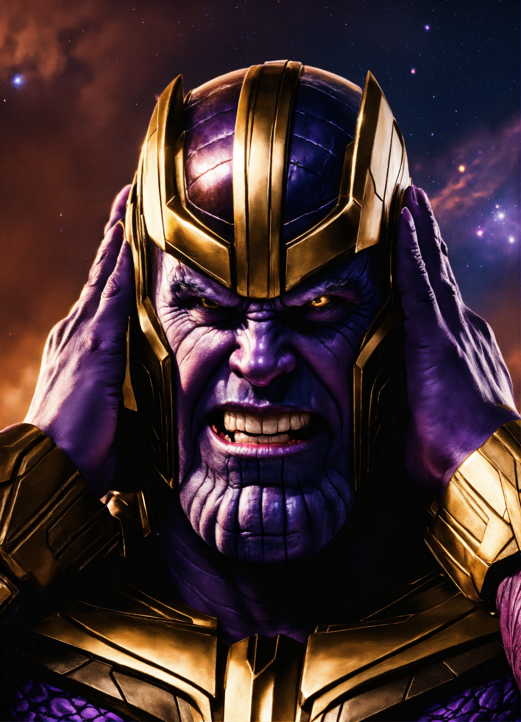 Lexica - Ultra-realistic image of Thanos covering his ears with his ...