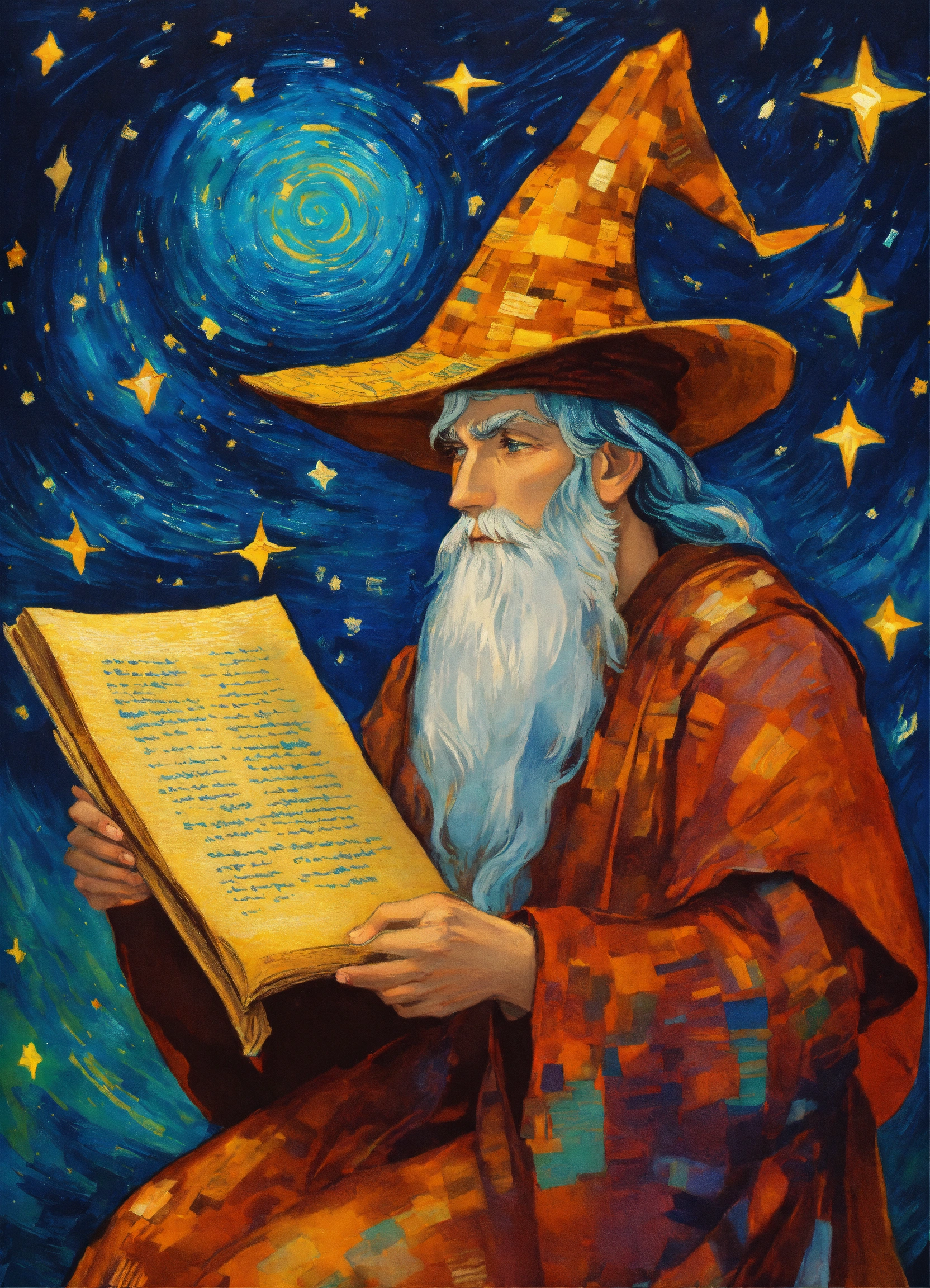 Lexica - Merlin wearing a wizard hat with stars studying ancient ...