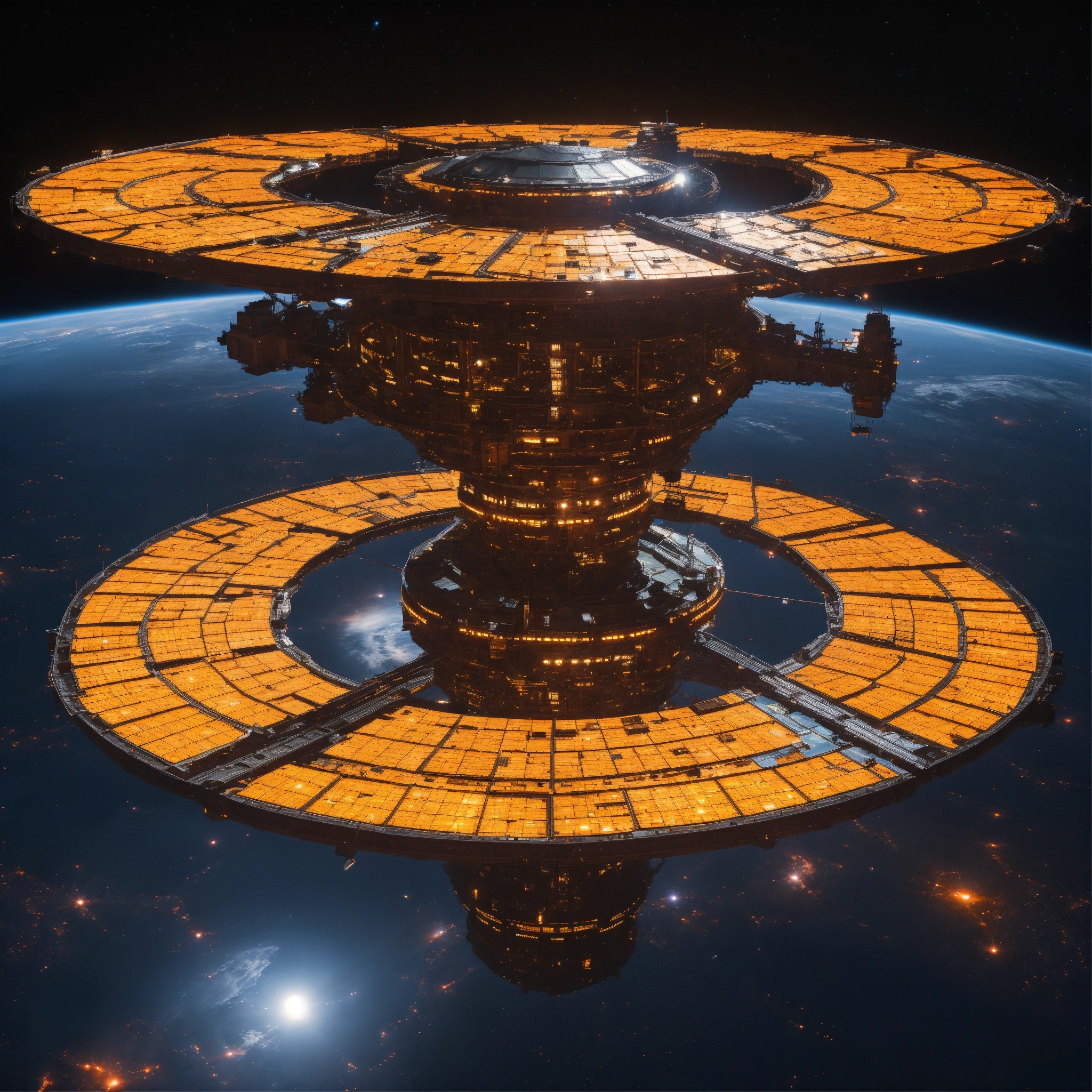 Lexica - Entire giant orange space station in dark space from top with ...