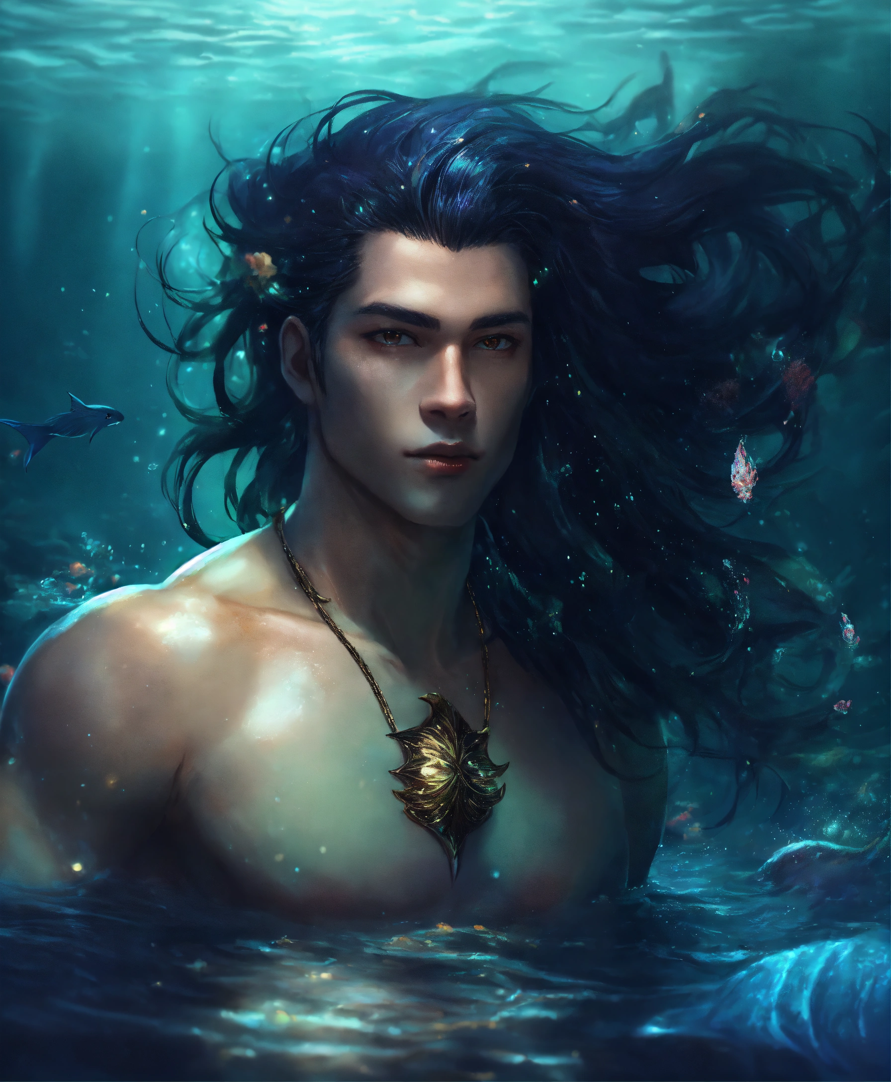 Lexica - A merman from dark fantasy, light skin, long black hair in ...