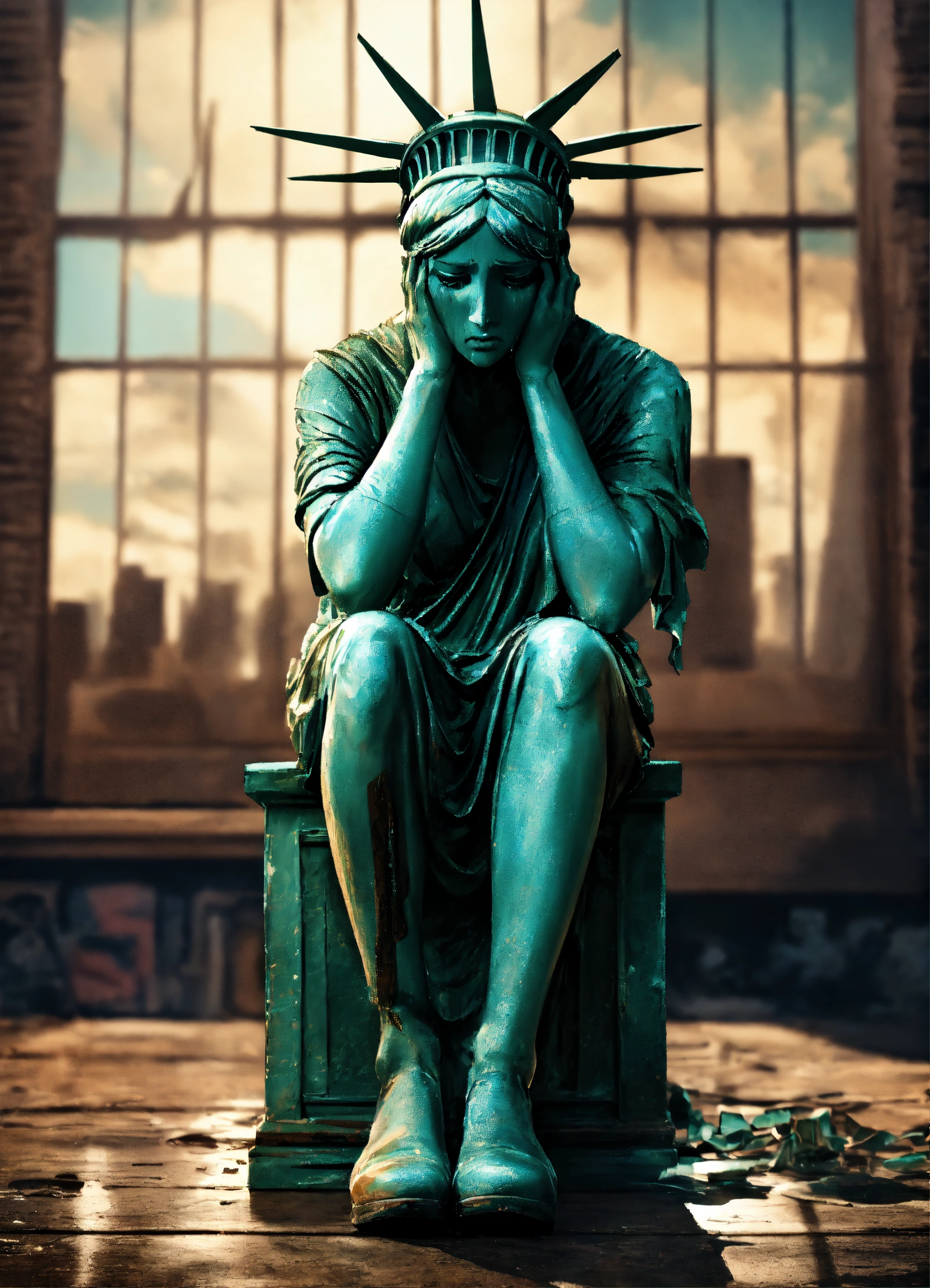Lexica Image of the Statue of Liberty crying, sitting down on a stool