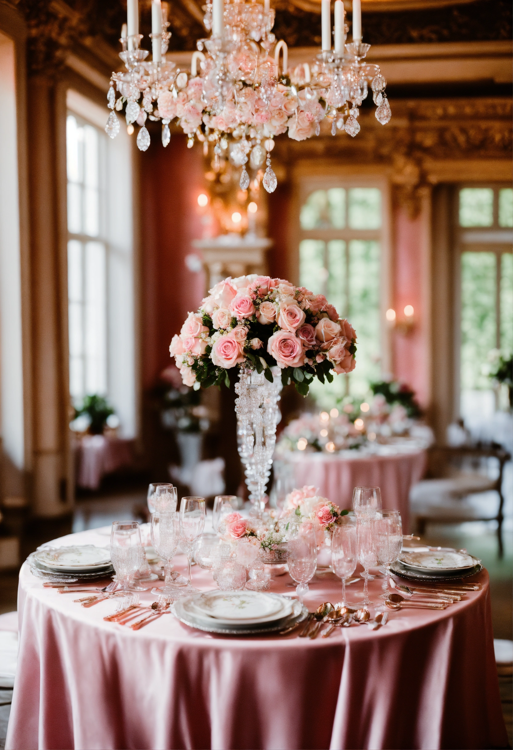 Lexica - Pink wedding table setting with silver utensils pink champagne ...
