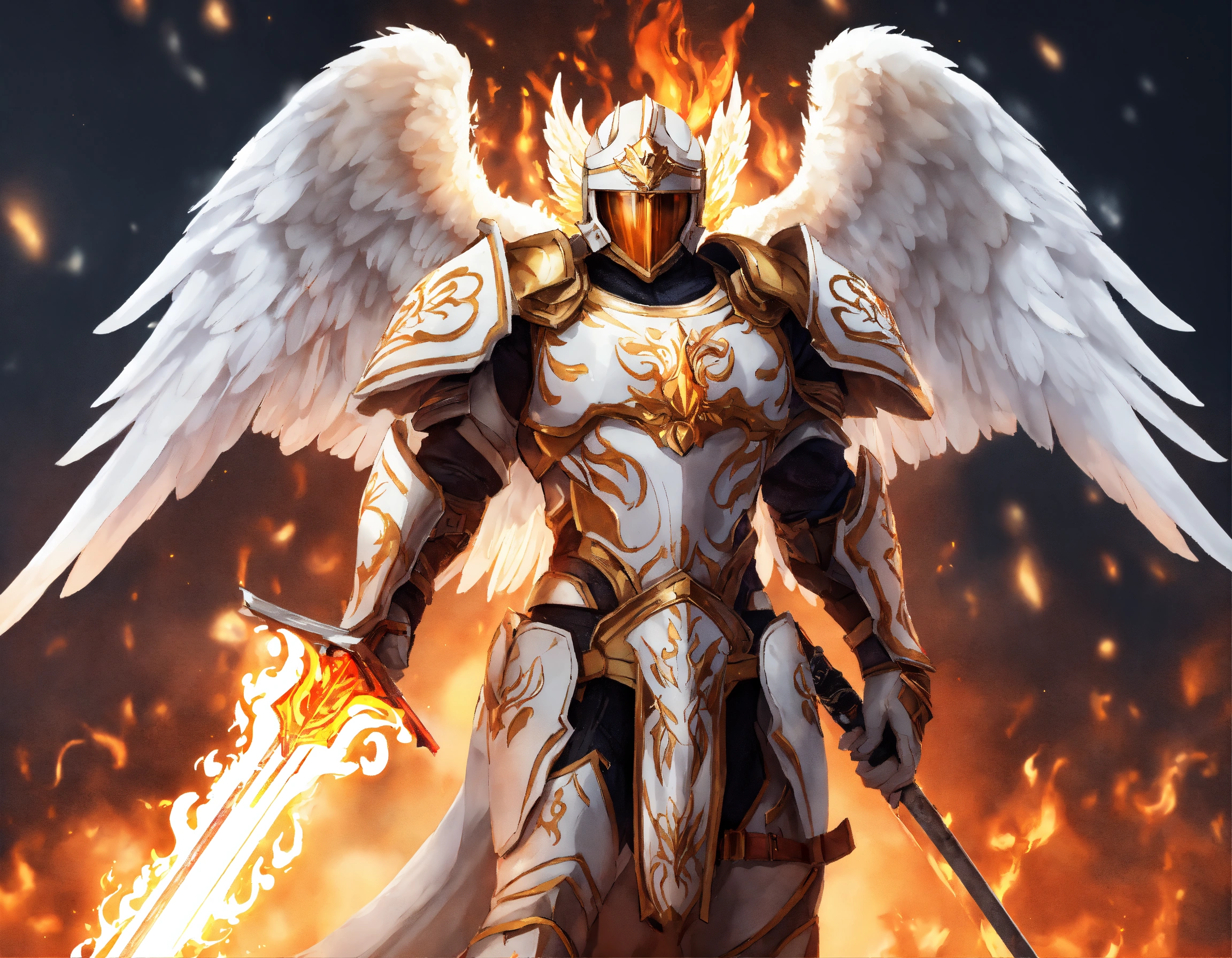 Lexica - Male Angel in body armor with flaming sword and white wings ...