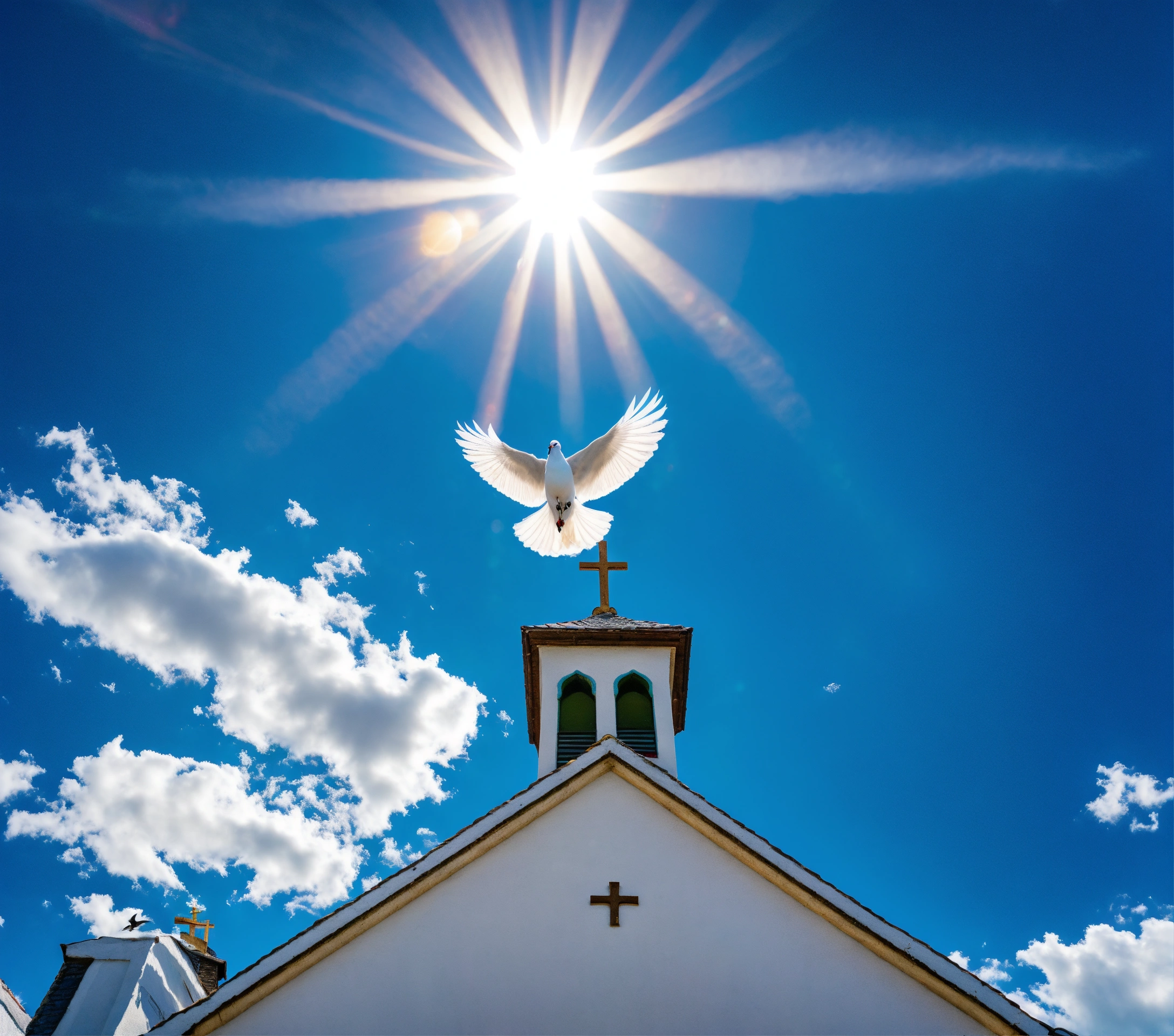 Lexica - Beautiful blue sky and the sun in the clouds and white pigeon ...