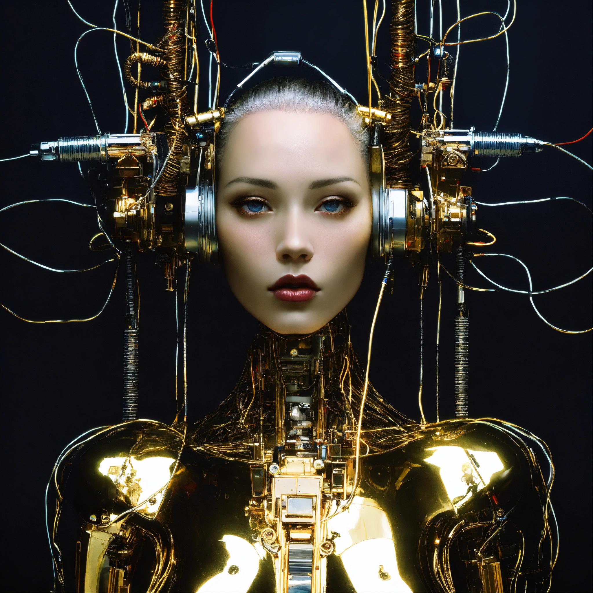 Lexica - Portrait Photography, in front of a black wall, a cyborg woman ...