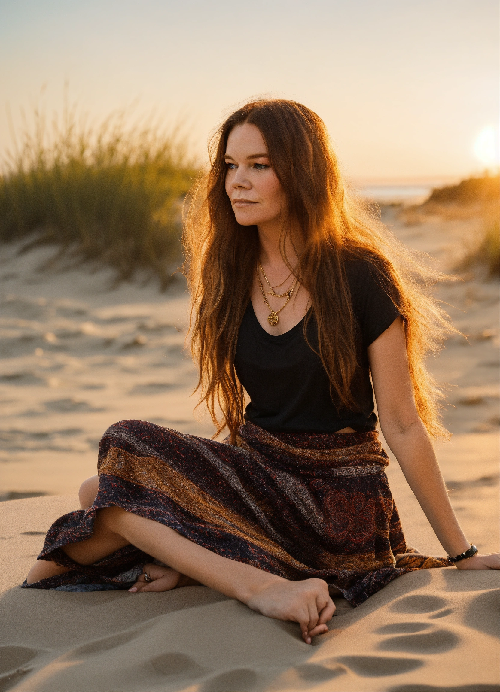 Lexica - Full body photo of one Janis Joplin similar model with long  beautiful hair, modeling plain blank black t-shirt, boho skirt, at golden  hour o...