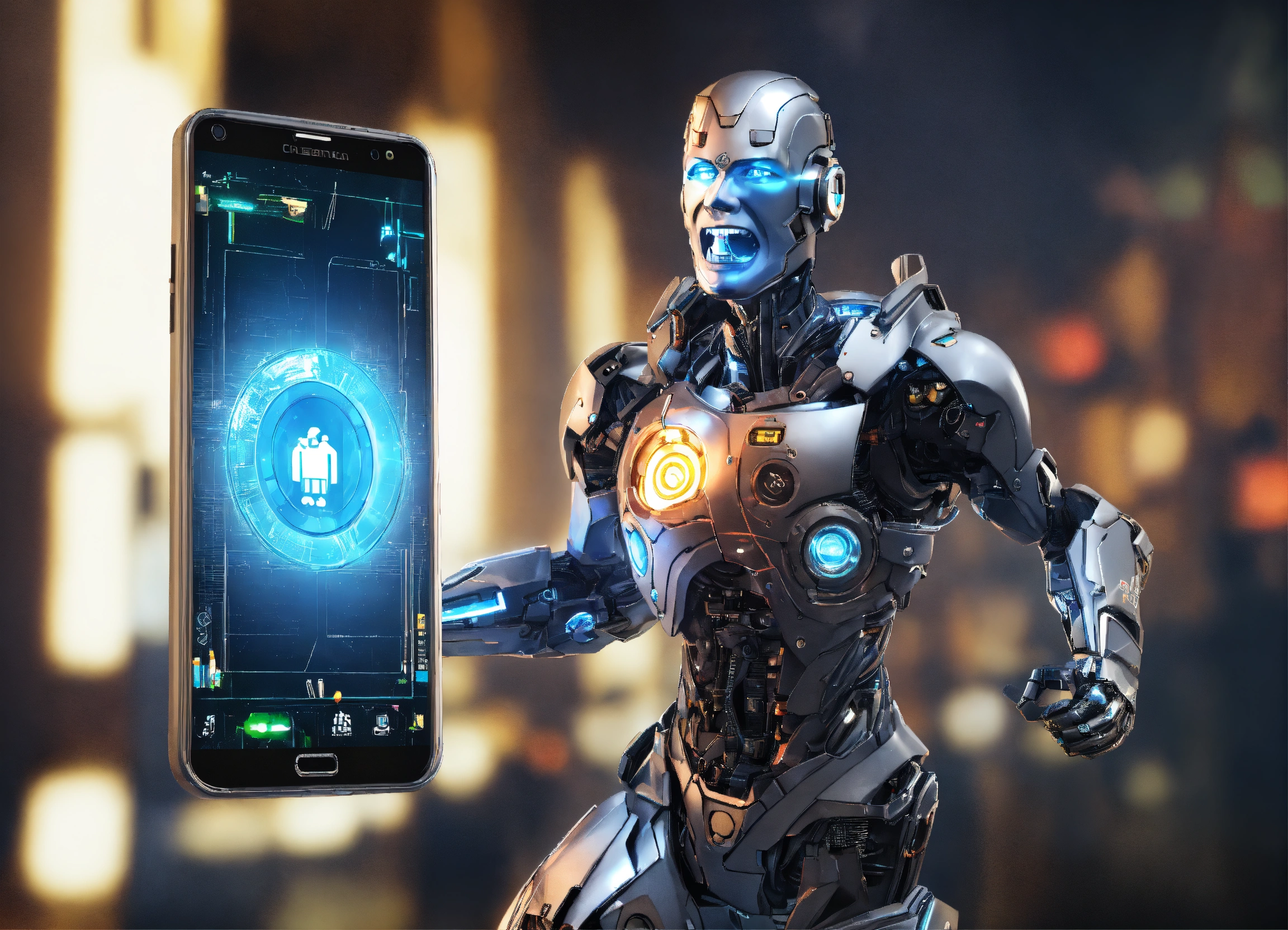 Lexica - Cyborg, 3d, come out of cellphone screen, happy, screaming