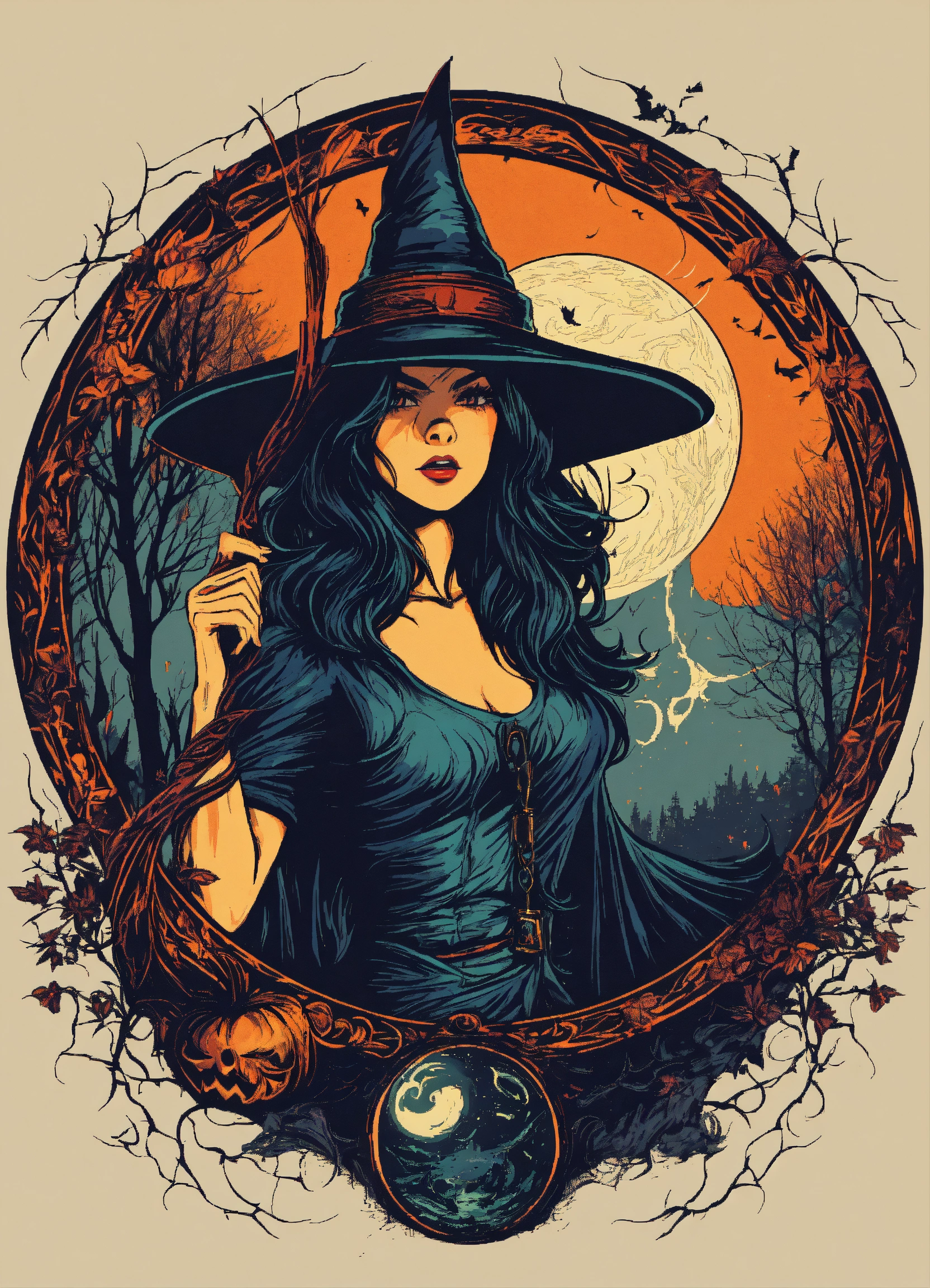 Lexica - Witch in a circle, tshirt design, retro, vector artwork, ART ...