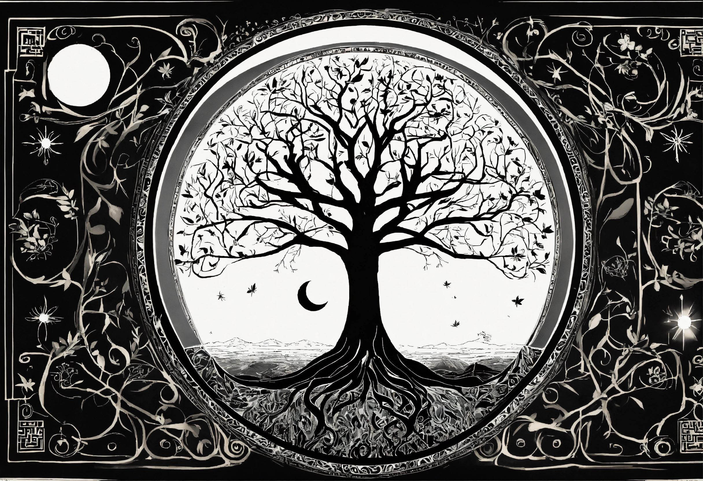 Lexica - Tree of life black and white no leaf with moon sun and stars