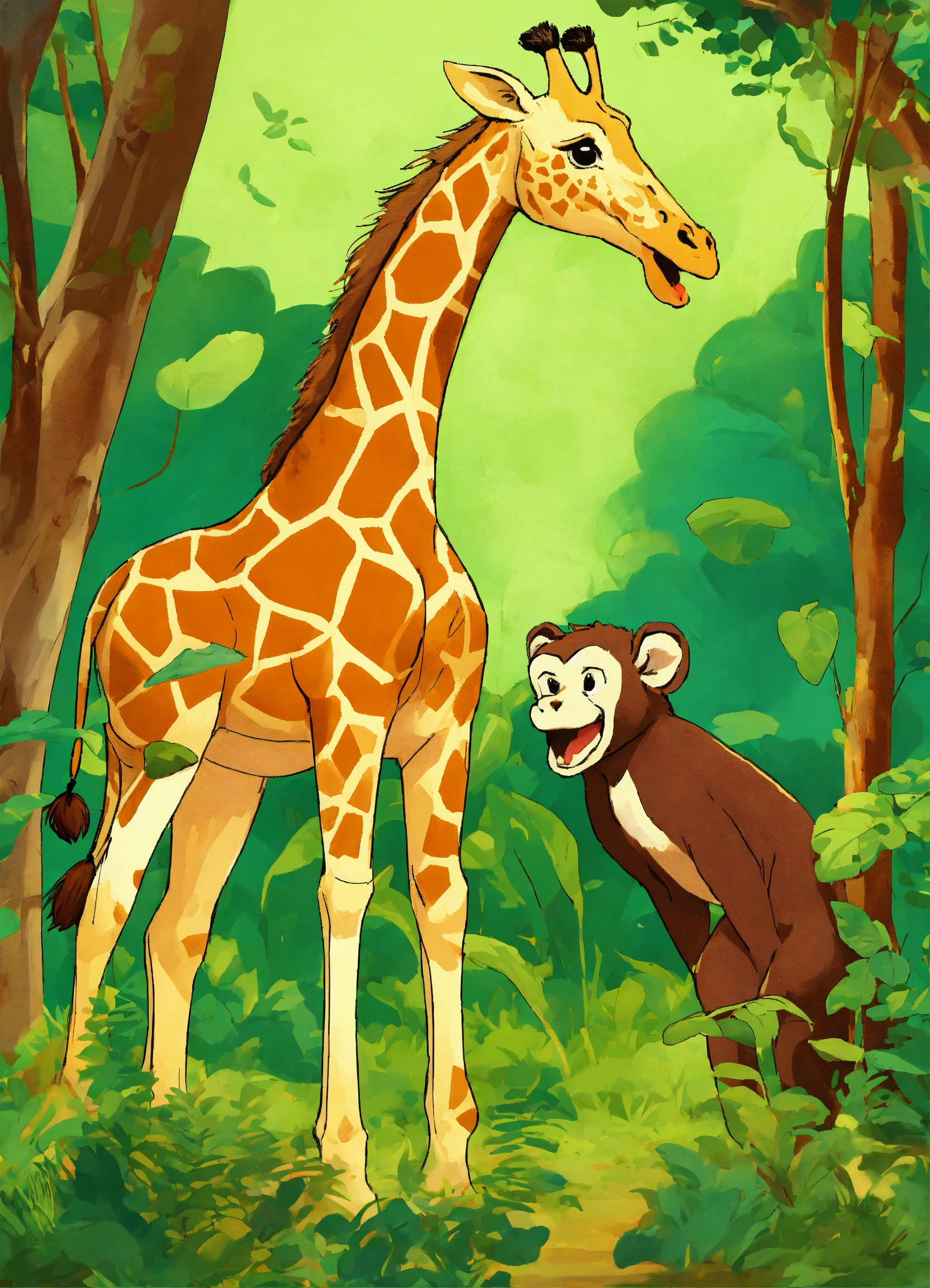 Lexica - Children's images of a giraffe biting a monkey in the forest