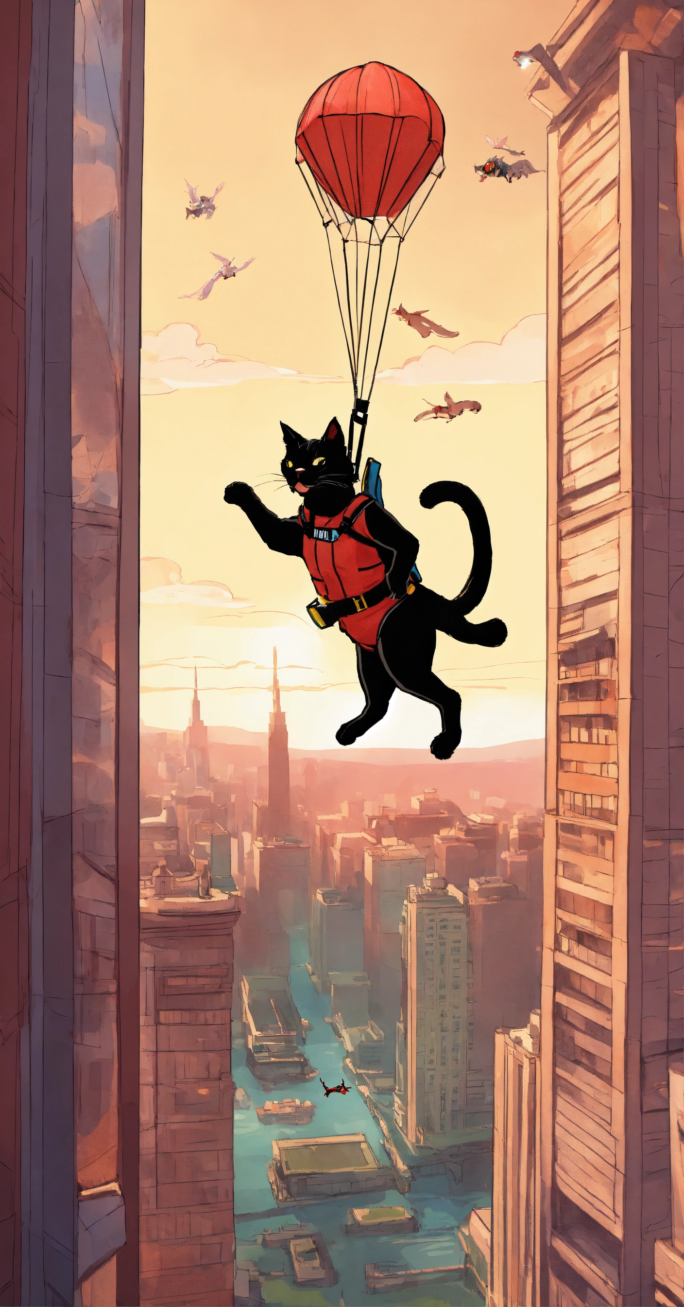 Lexica Create an image of a daredevil cat base jumping off a towering
