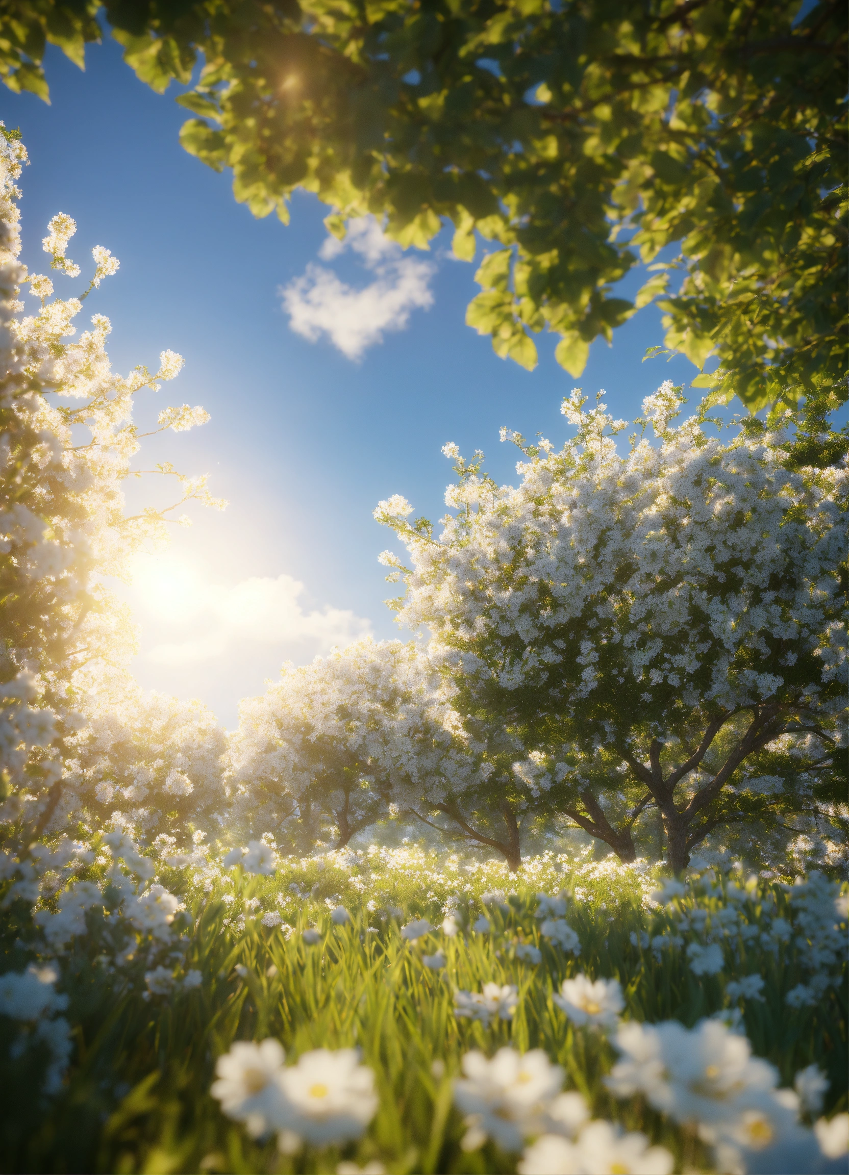 Lexica - White flowers, blue sky, trees and sun shining in the ...