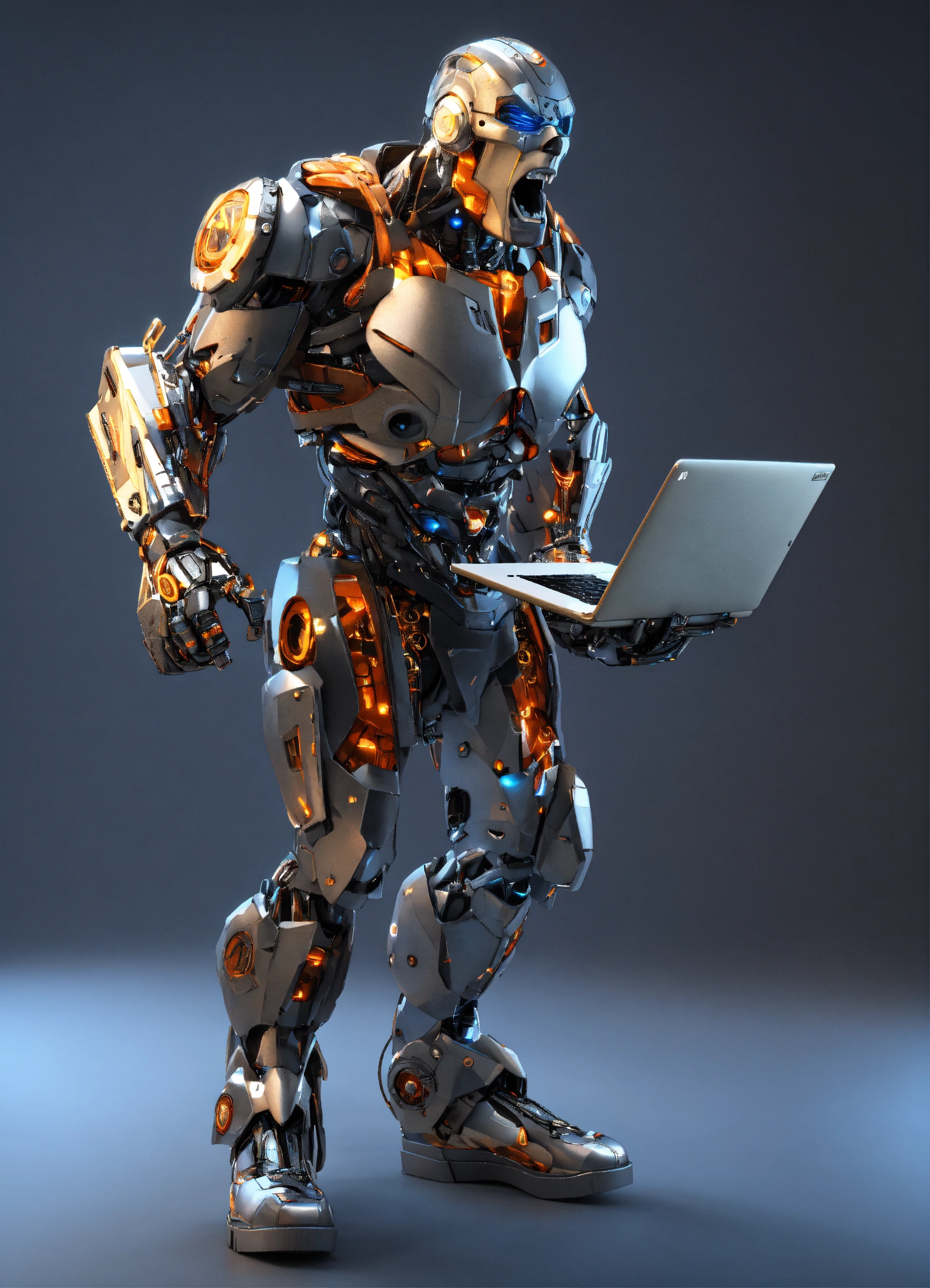 Lexica - Cyborg, mascot, 3d, full body, hold laptop, screaming