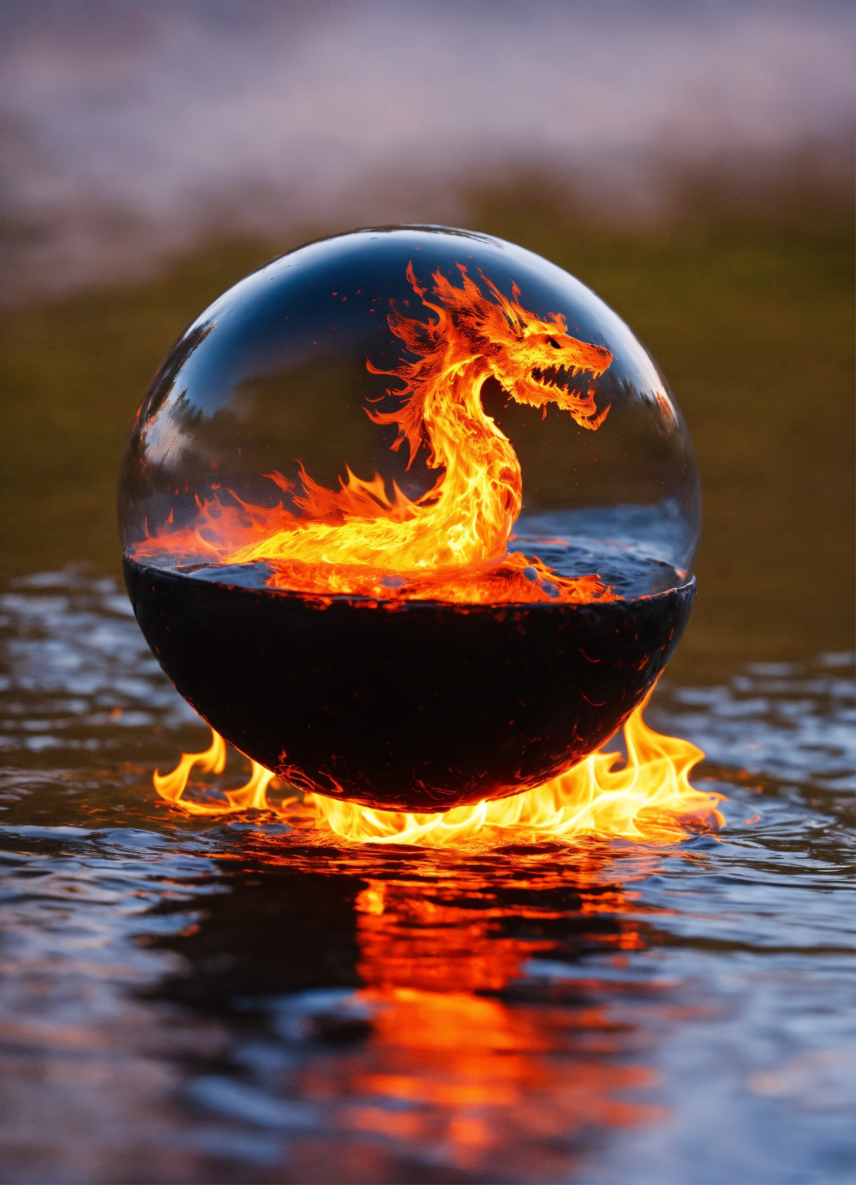 Lexica - Ball made in water, black, with a mith creature on fire inside ...