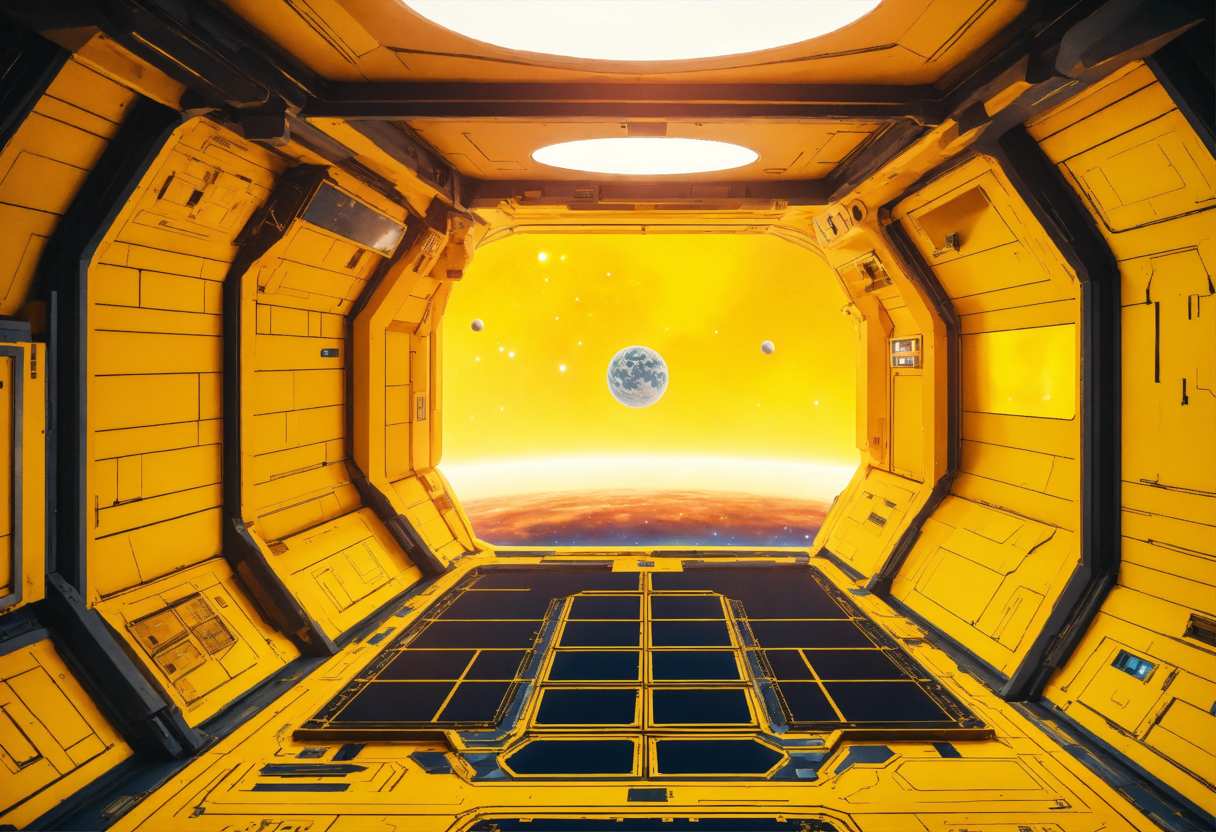 Lexica - View from dock in a yellow space station of a planet in space
