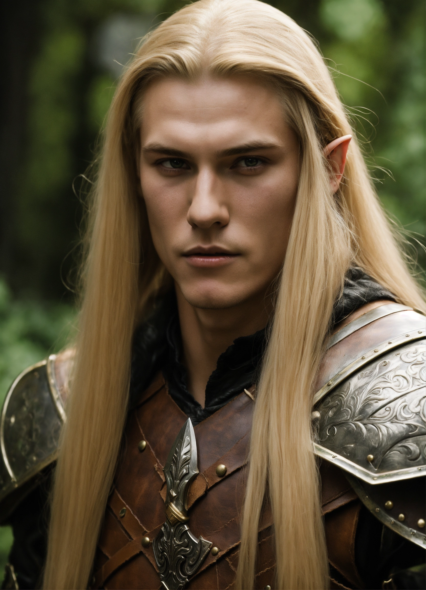 Lexica - Elf man, long blond straight hair, leather armor, daggers