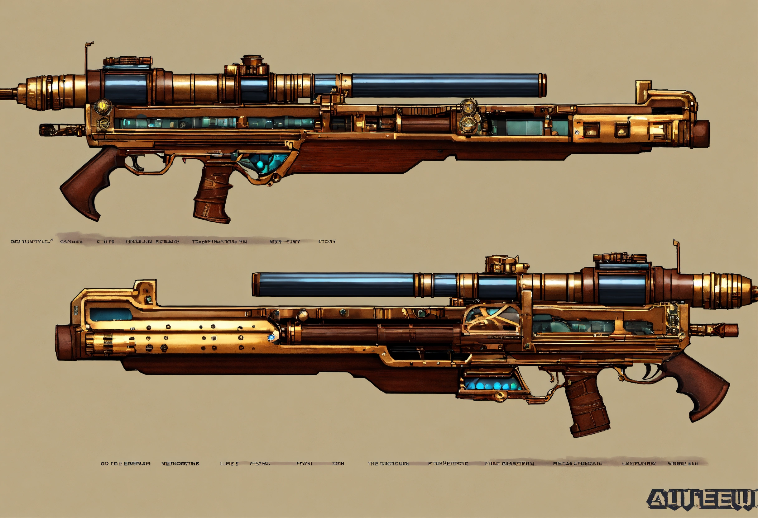 Lexica - Side view of the full image of a steampunk energy rifle