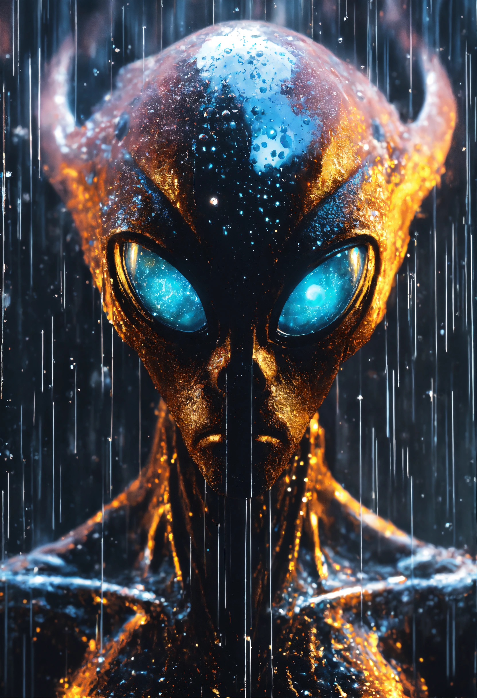 Lexica - An sterotypical alien with glowing eyes, in the pouring rain ...