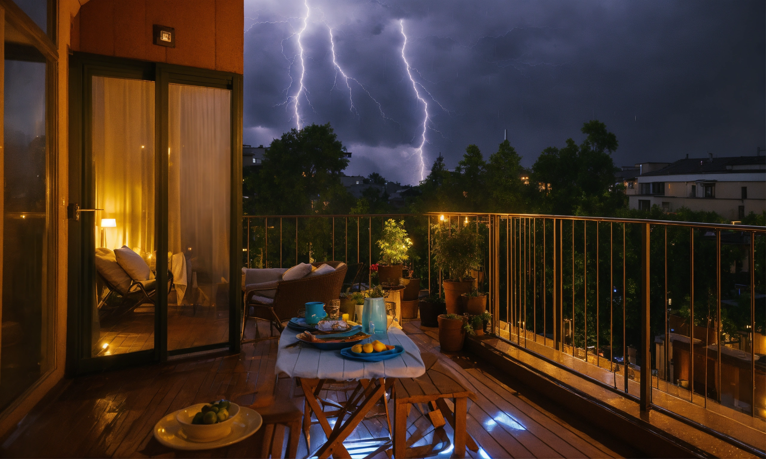Lexica - Cozy summer thunder at night with a heavy rain on the balcony